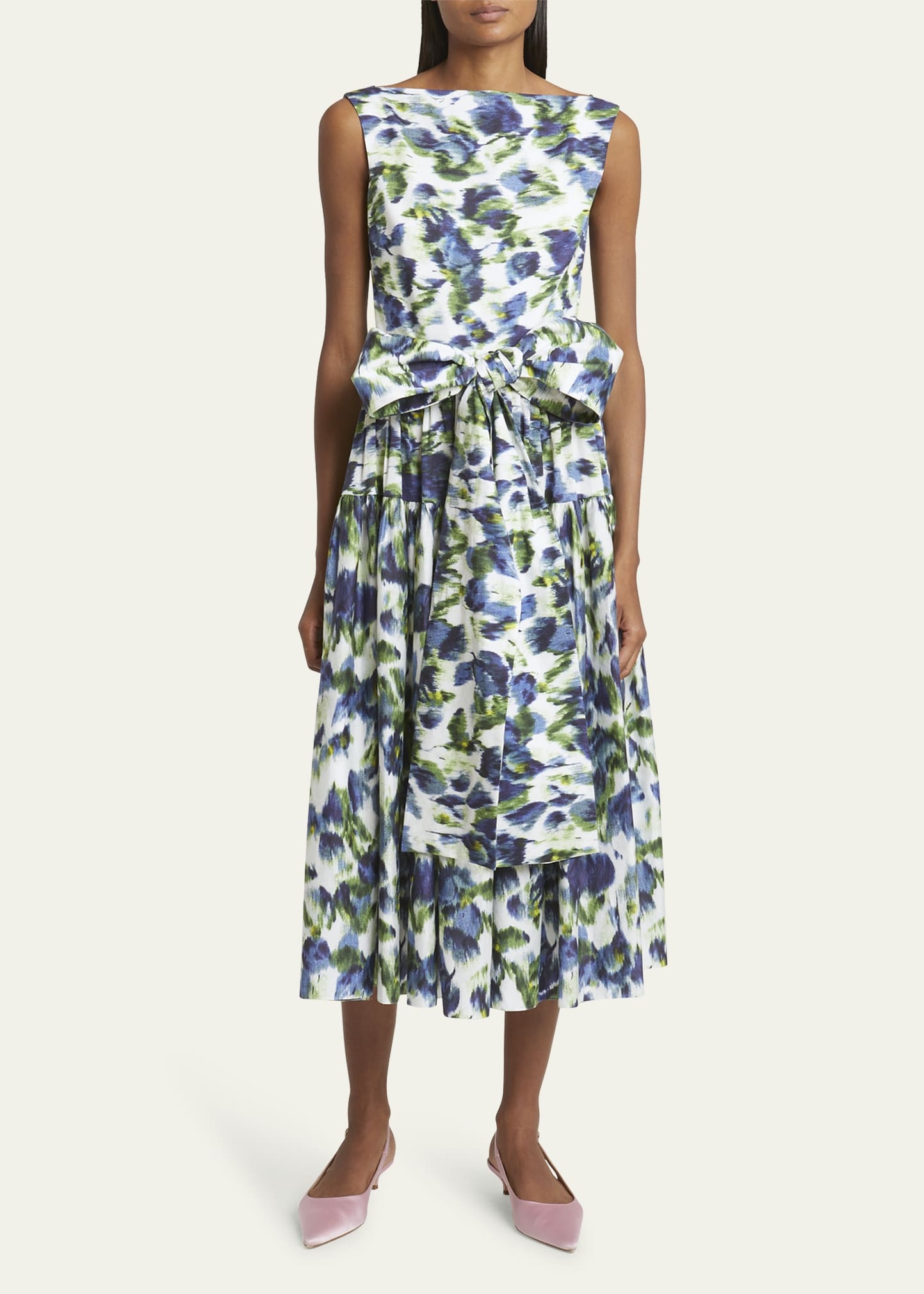 Floral Abstract Print Bow Midi Dress - 2