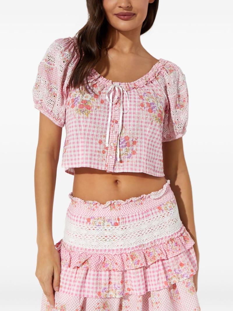 checked-pattern flower-embellishment blouse 1