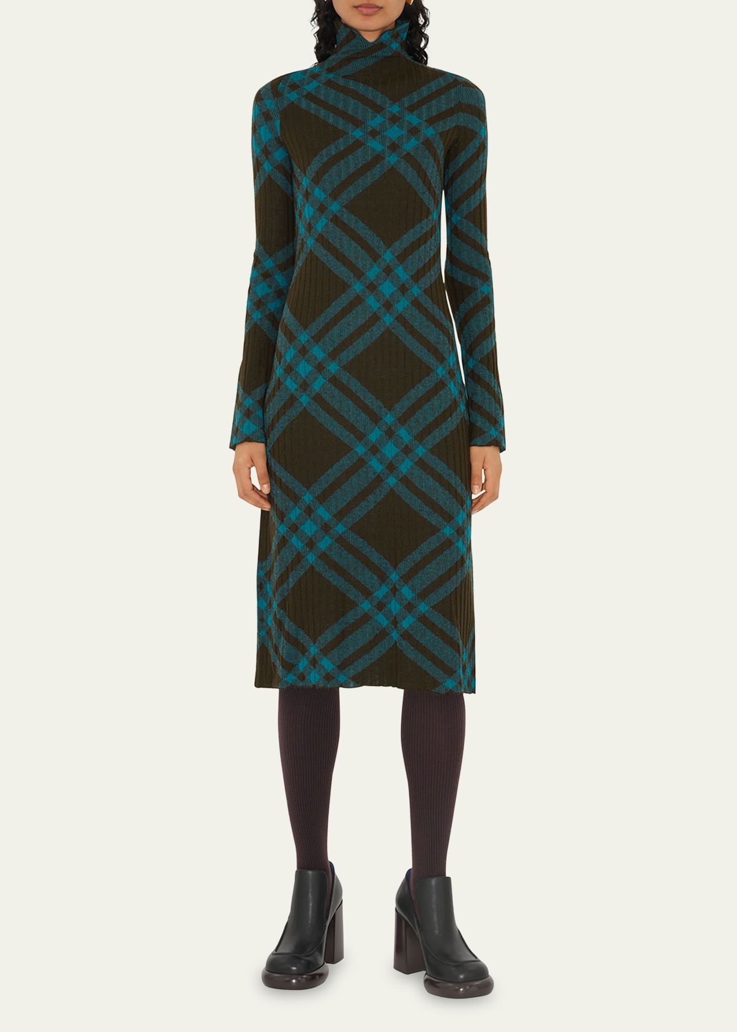 Turtleneck Check Knit Midi Sweater Dress - 2