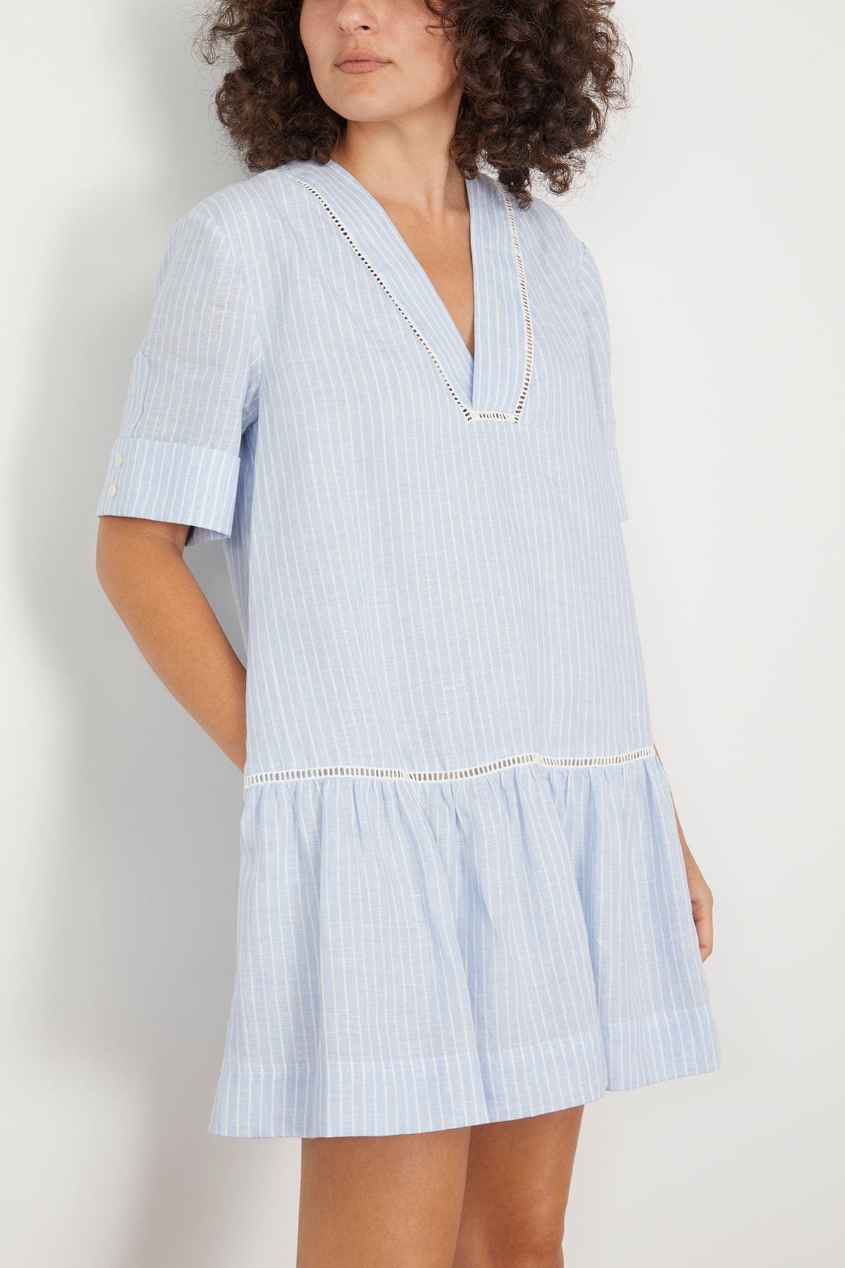 Jori Short Sleeve V-Neck Mini Dress in French Blue Stripe - 3