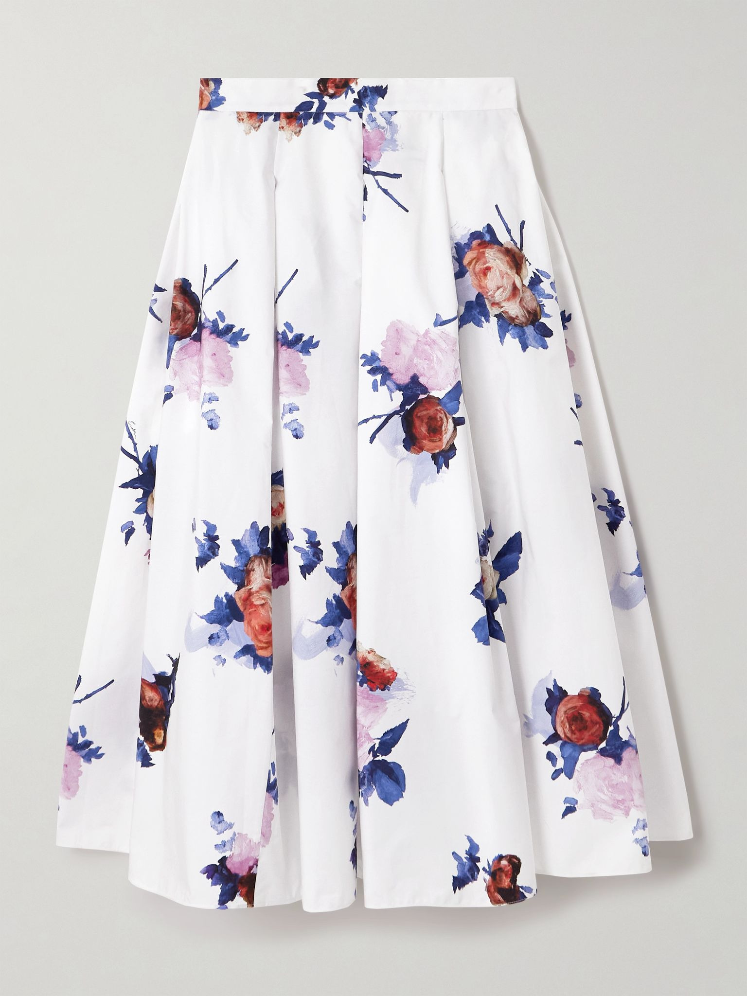 Pleated floral-print cotton-poplin midi skirt White - 1