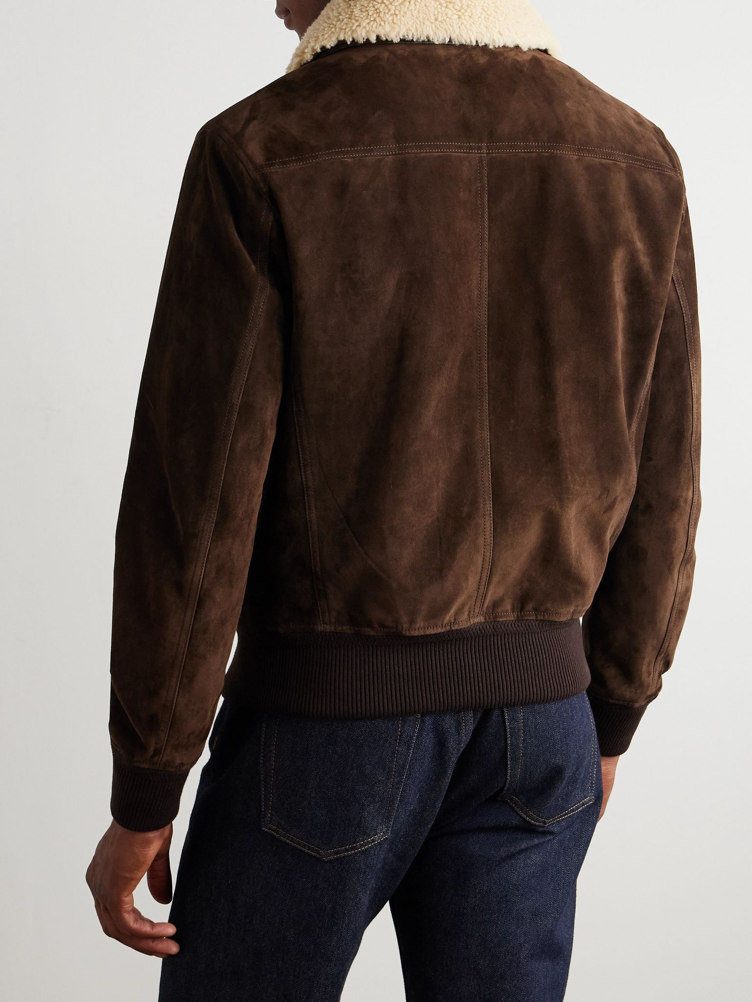 Shearling-Trimmed Suede Jacket Brown - 4