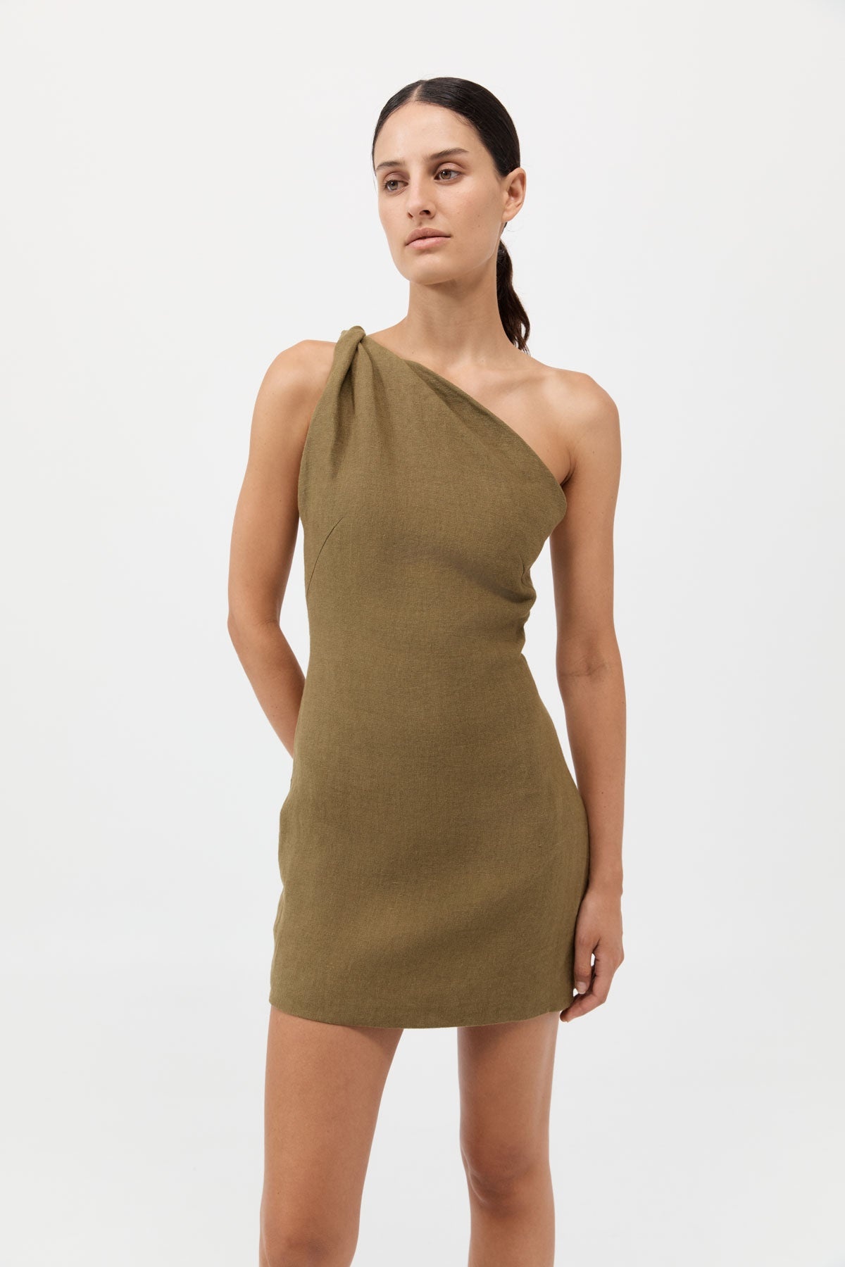 Twisted Linen Mini Dress - Olive - 2