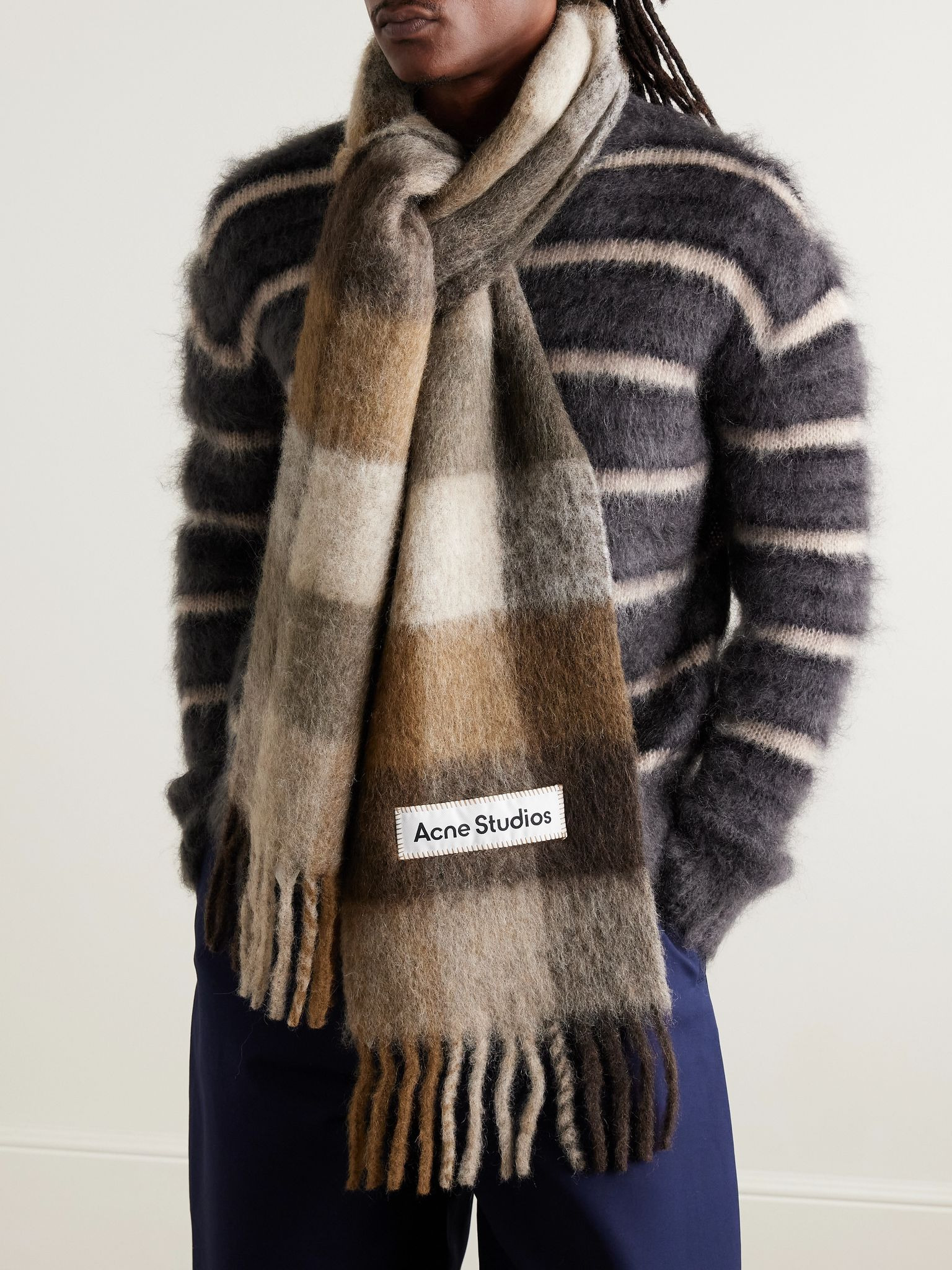 Vally Fringed Checked Knitted Scarf Brown - 2