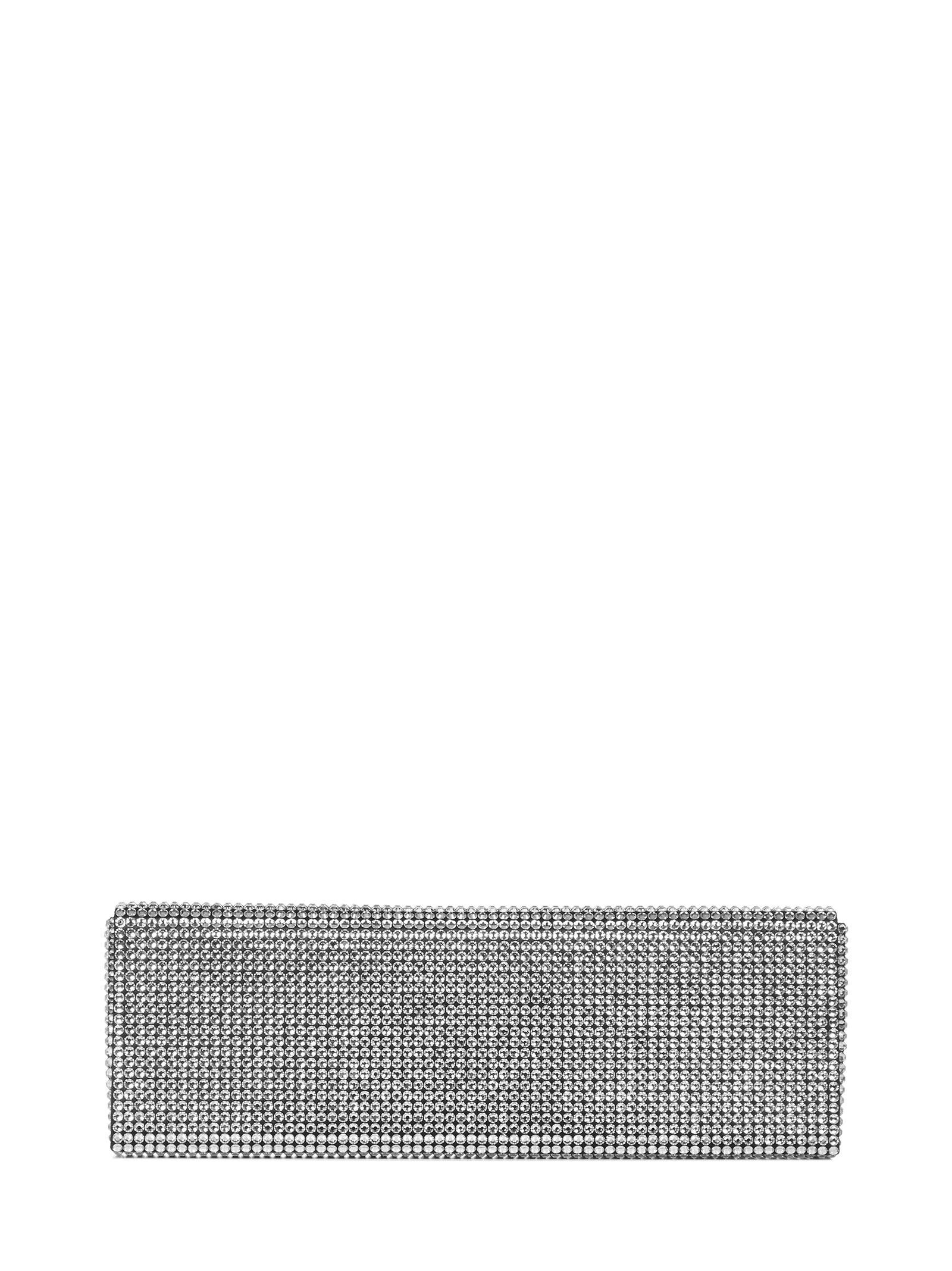 AMINI PALOMA black clutch in satin and crystals with silver metal chain shoulder strap. - 2