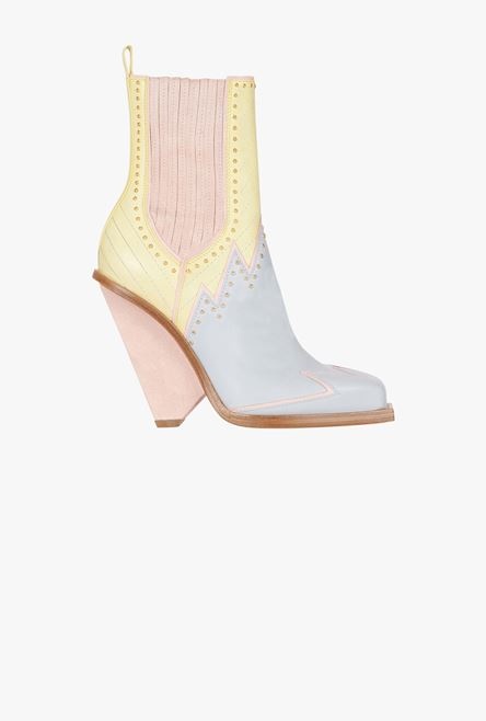 Tricolor leather and suede studded Taylor cowboy ankle boots - 1
