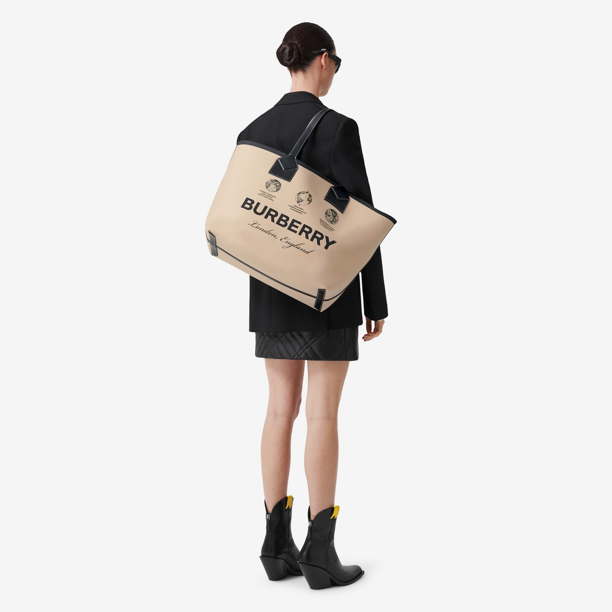 Label Print Cotton and Leather Large London Tote Bag - 5