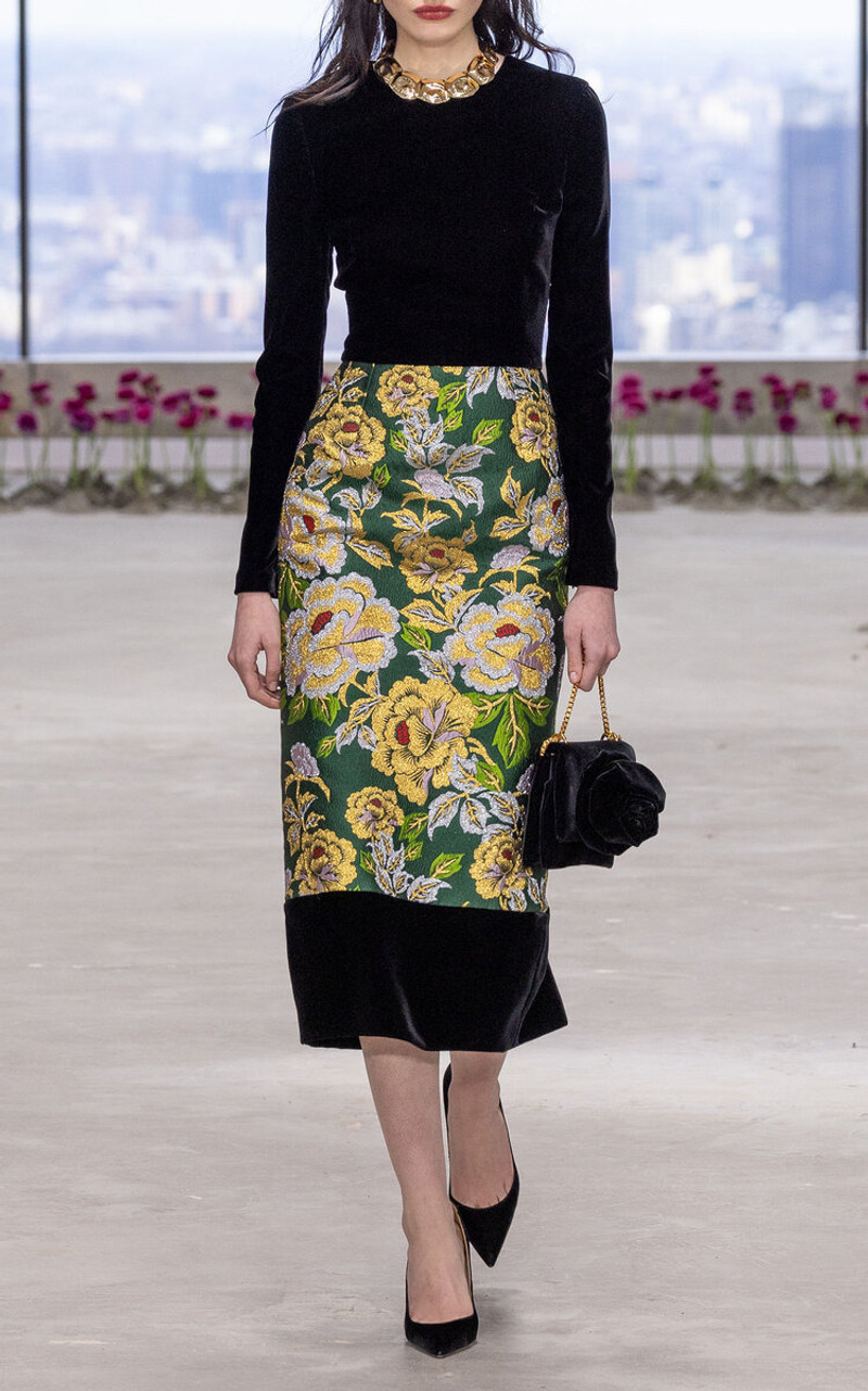 CAROLINA HERRERA Velvet and Jacquard Midi Dress black outlook