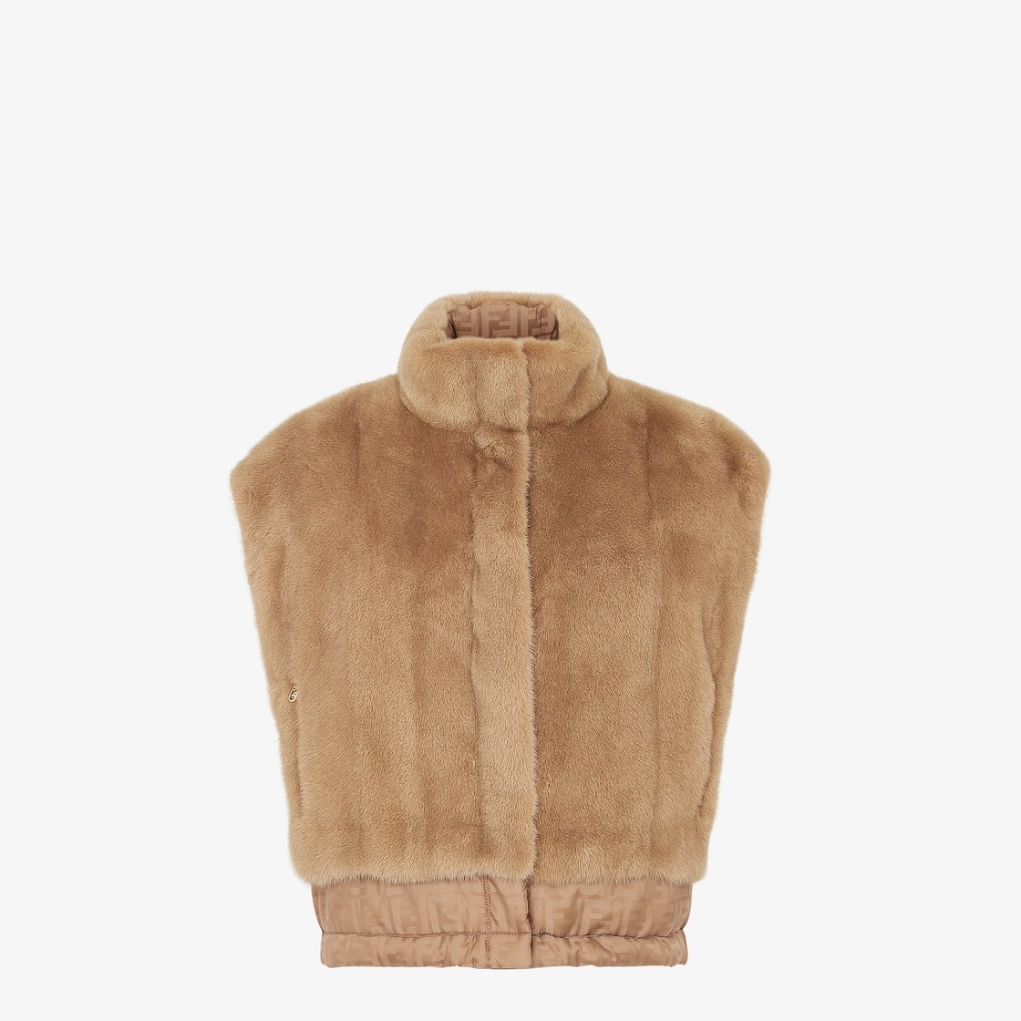 Short reversible vest with high collar and drawstring hem. One side has zipper pockets, the other hi - 1
