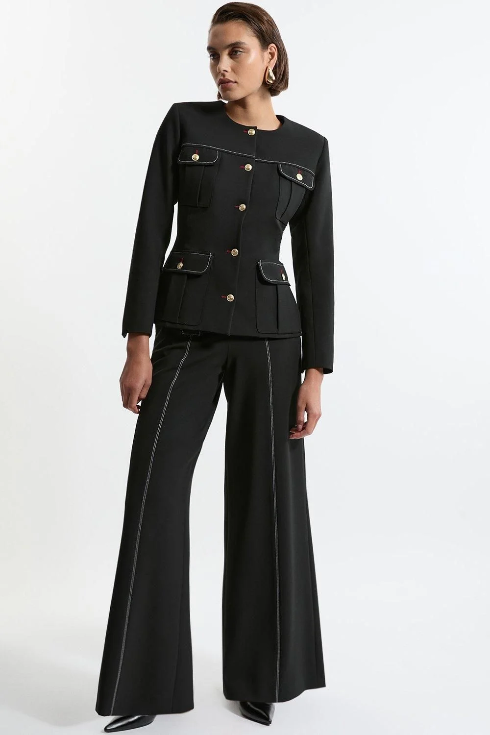 Compact Stretch Tailored Flared High Waisted Trousers - 1