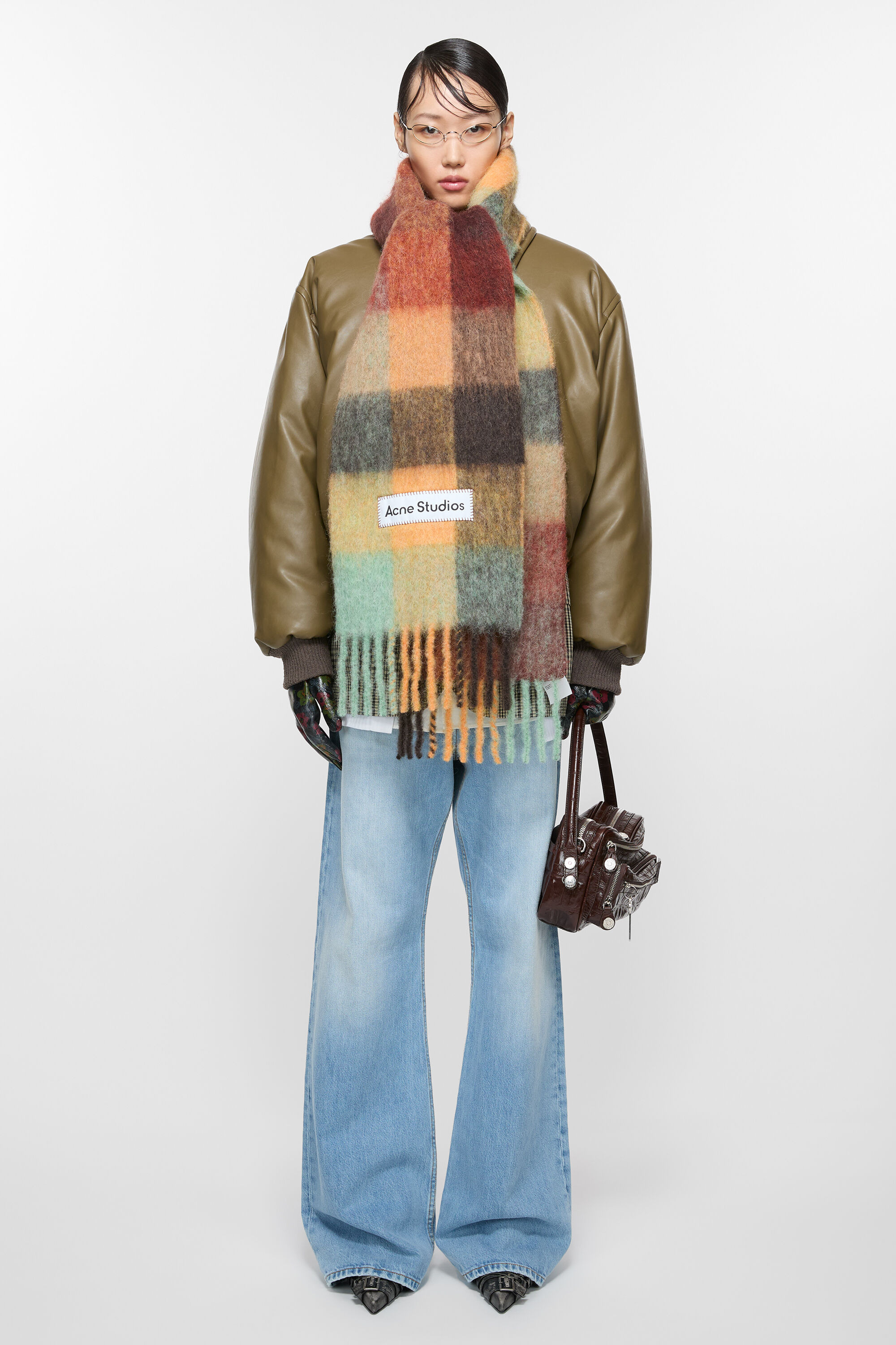 Mohair checked scarf - Chestnut brown/yellow/green - 2