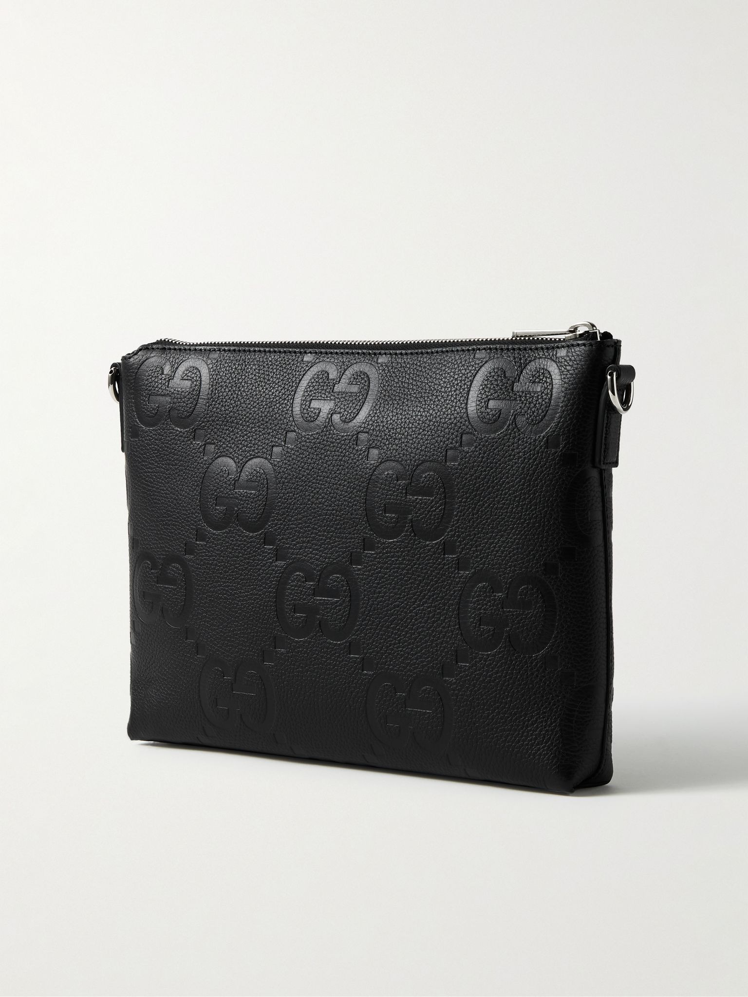 Monogrammed Pebble-Grain Leather Messenger Bag Black - 3