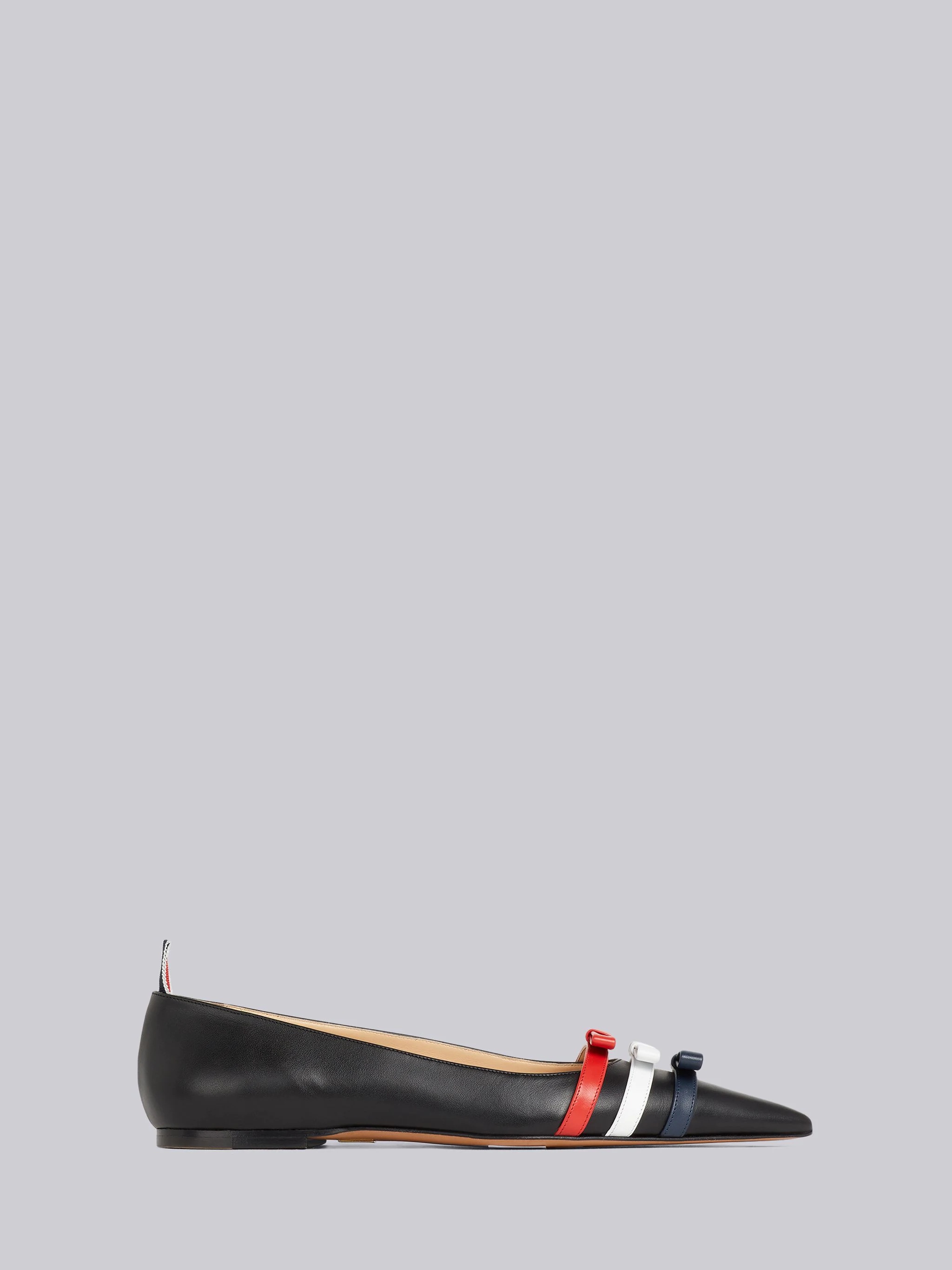Black Vitello Calf Leather Three Bow Pointed Toe Ballerina Flat - 1