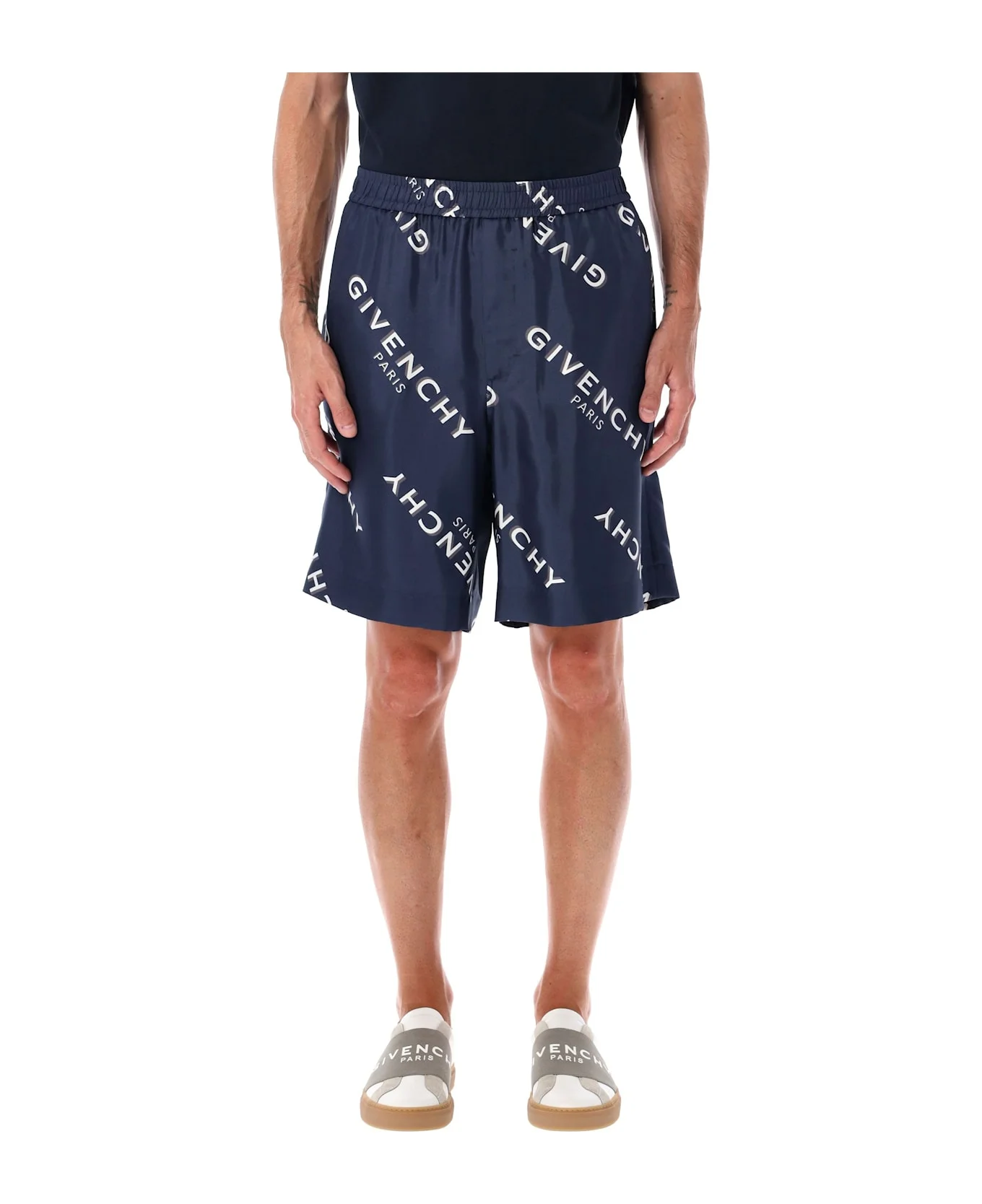 Navy Silk Bermuda Shorts With Givenchy All-over Print - 1