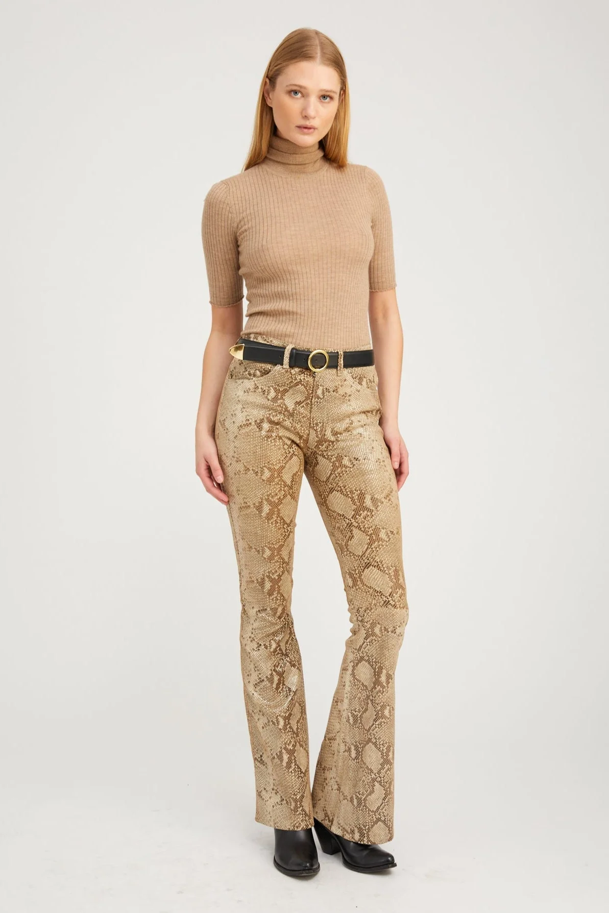 BEIGE PYTHON LEATHER 5 POCKET MICRO FLARE PANTS - 1