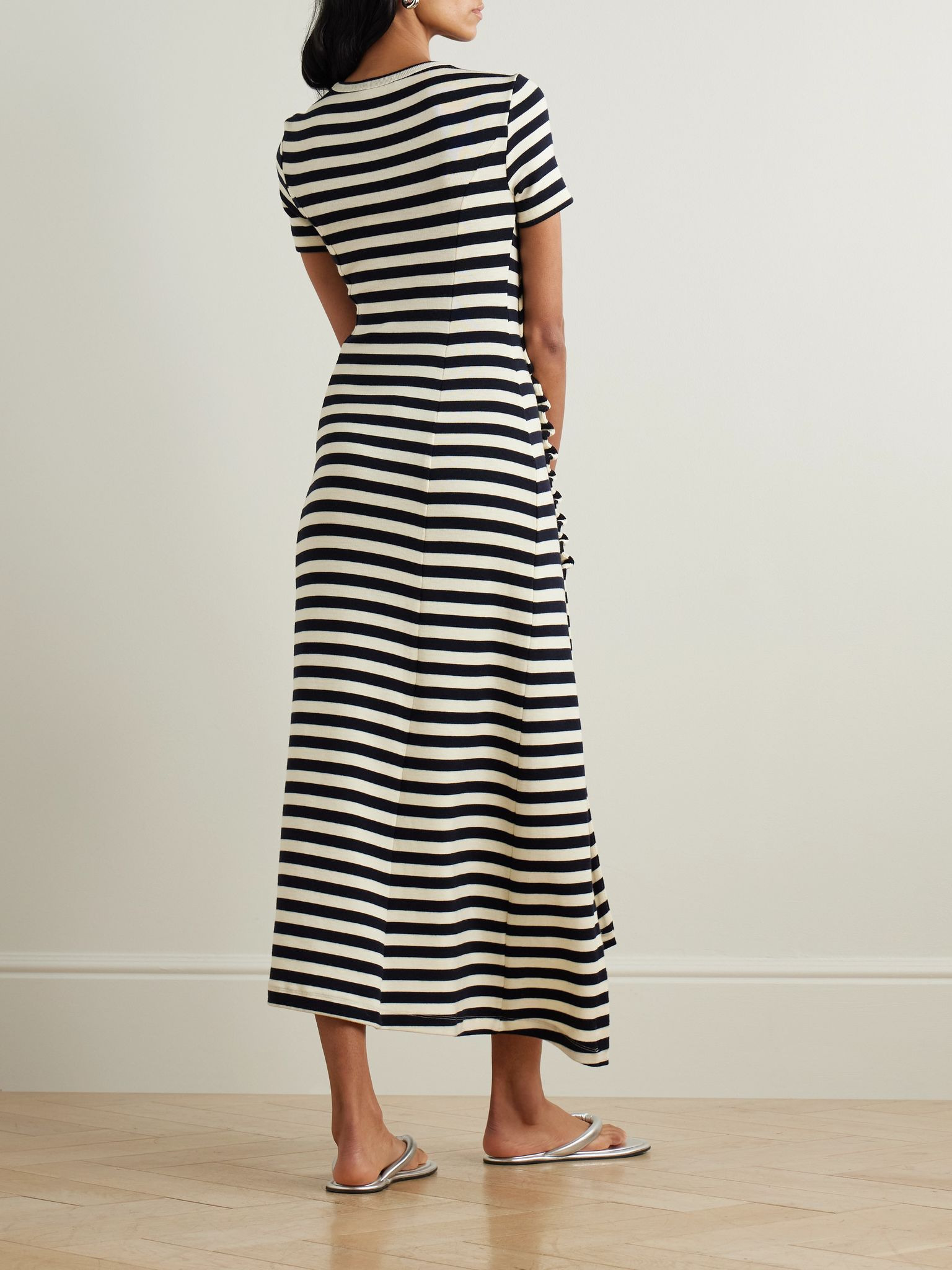 Gathered embellished striped wool-blend midi dress Multi - 3
