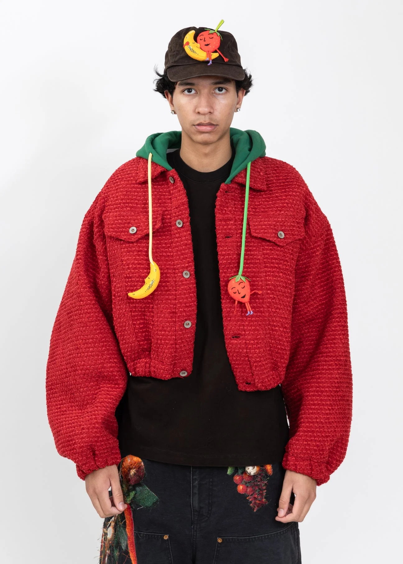 Red Puffed Strawberry Trucker Jacket - 1