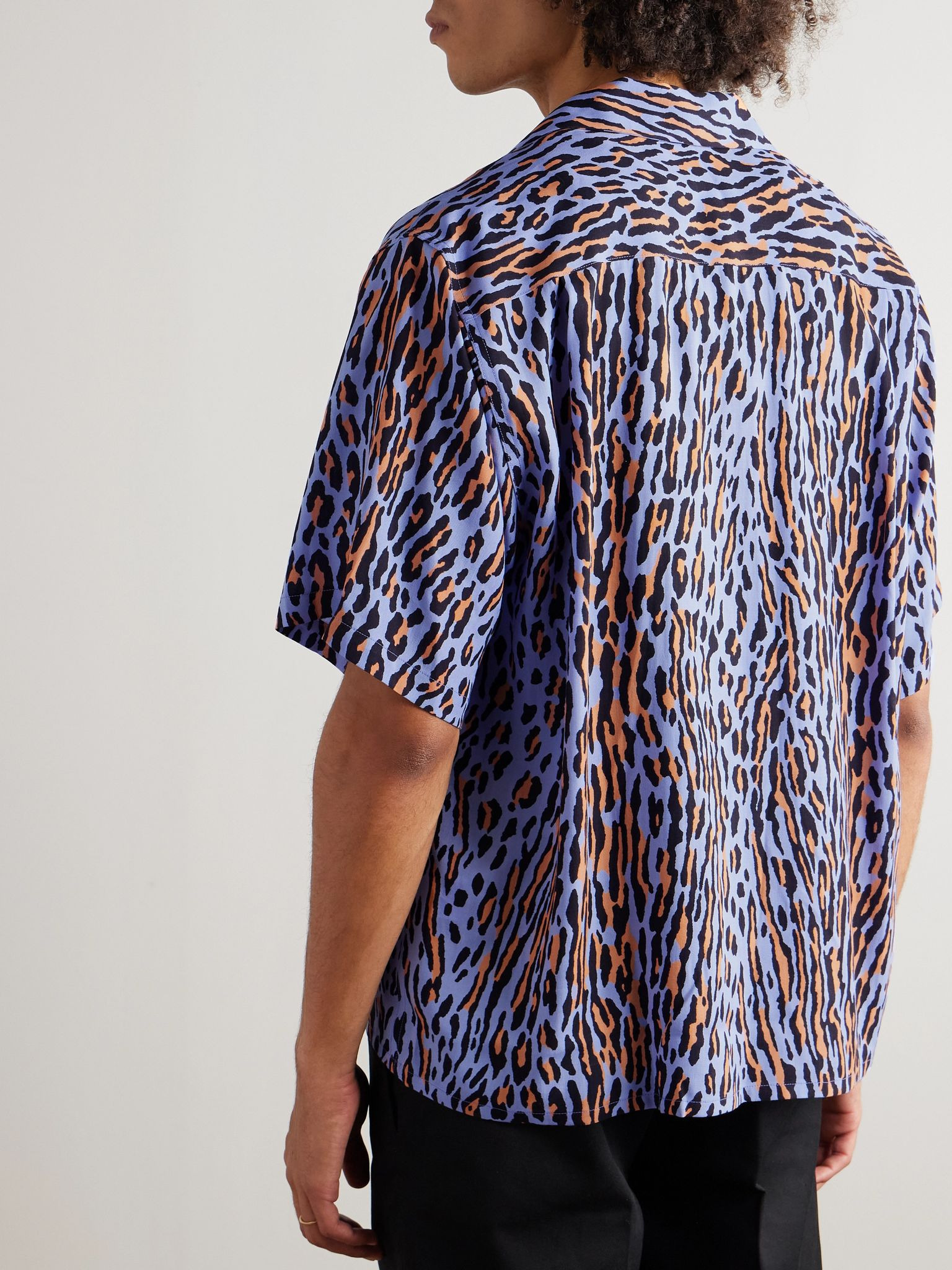 Convertible-Collar Leopard-Print Lyocell Shirt Blue - 3