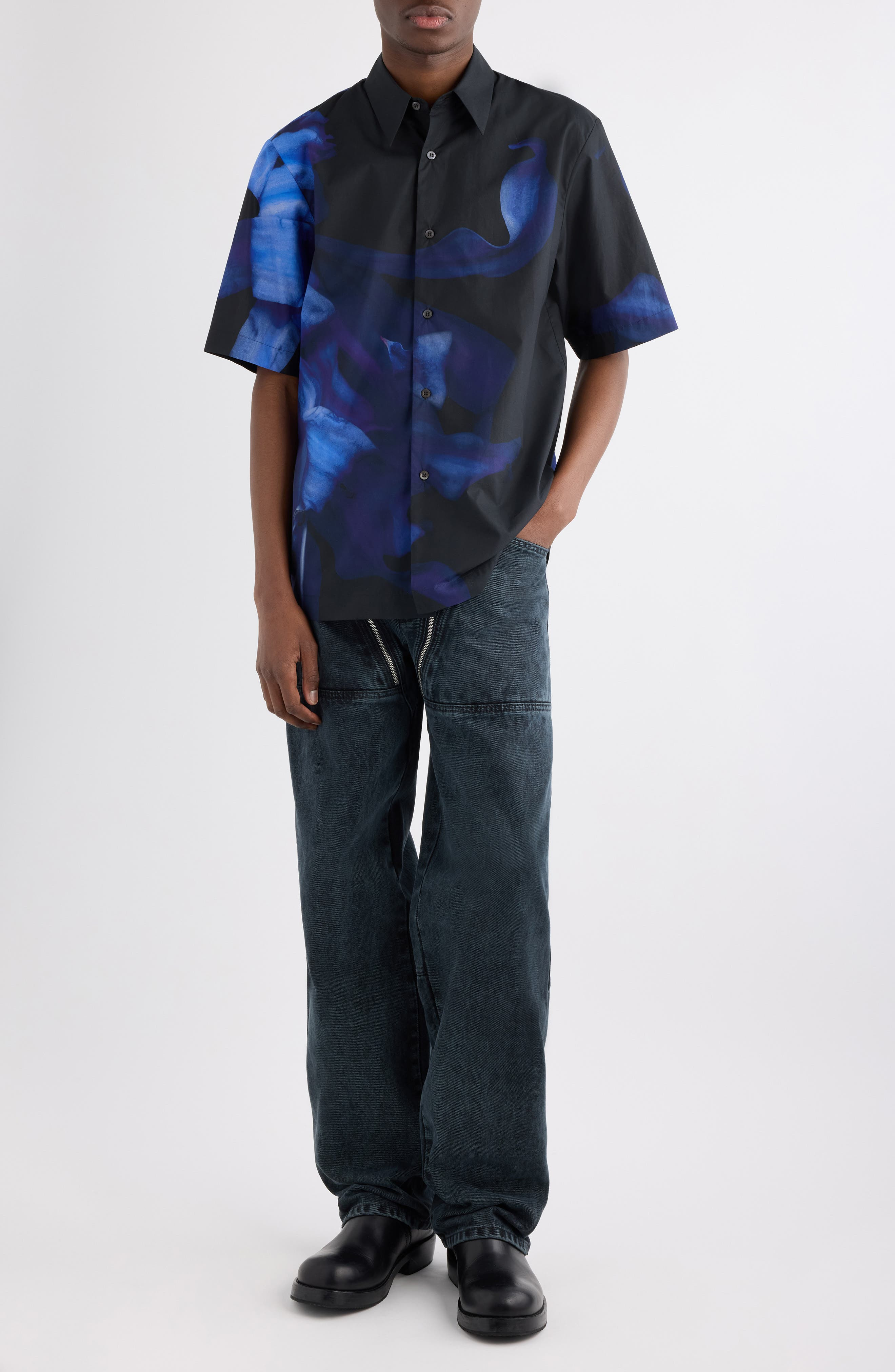 Dries Van Noten Clasen Floral Cotton Poplin Sleeve Silk Button-Up Shirt in Black at Nordstrom - 2