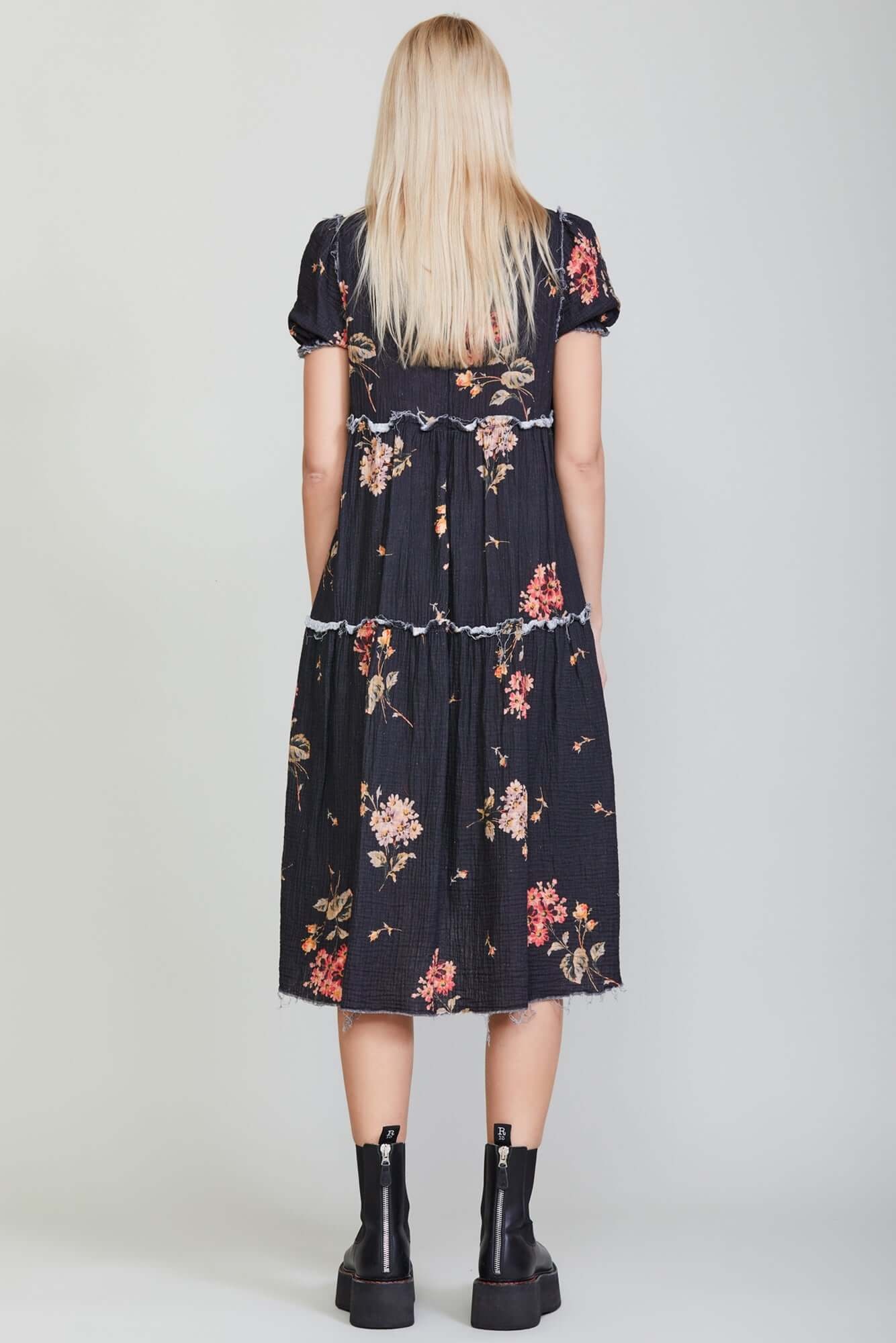 SHREDDED RELAXED MIDI - FLORAL ON BLACK - 4