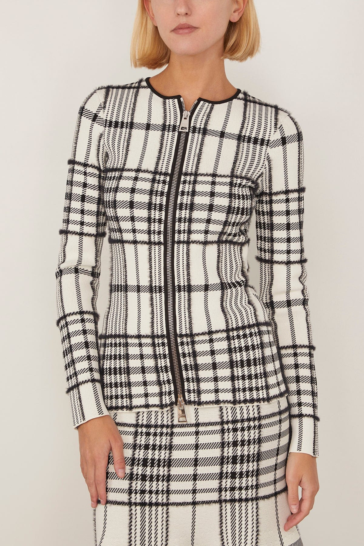 The Greer Zip Front Knit Cardigan in Ivory Plaid - 3