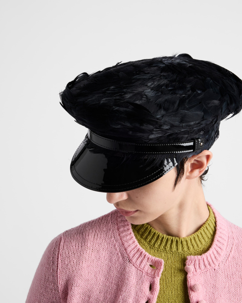 Prada Patent leather and feather hat outlook