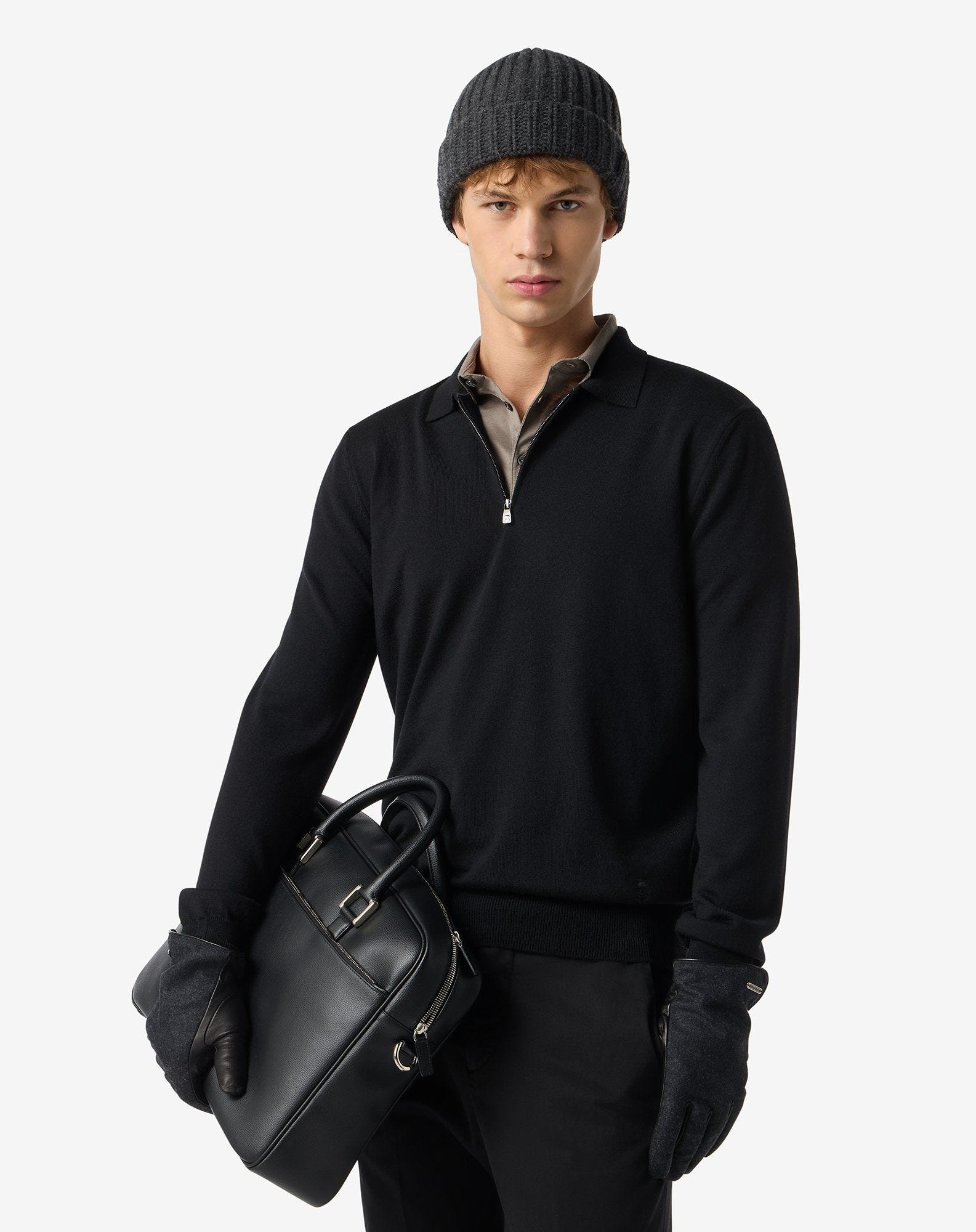 Black zip-up extra fine wool polo shirt - 2