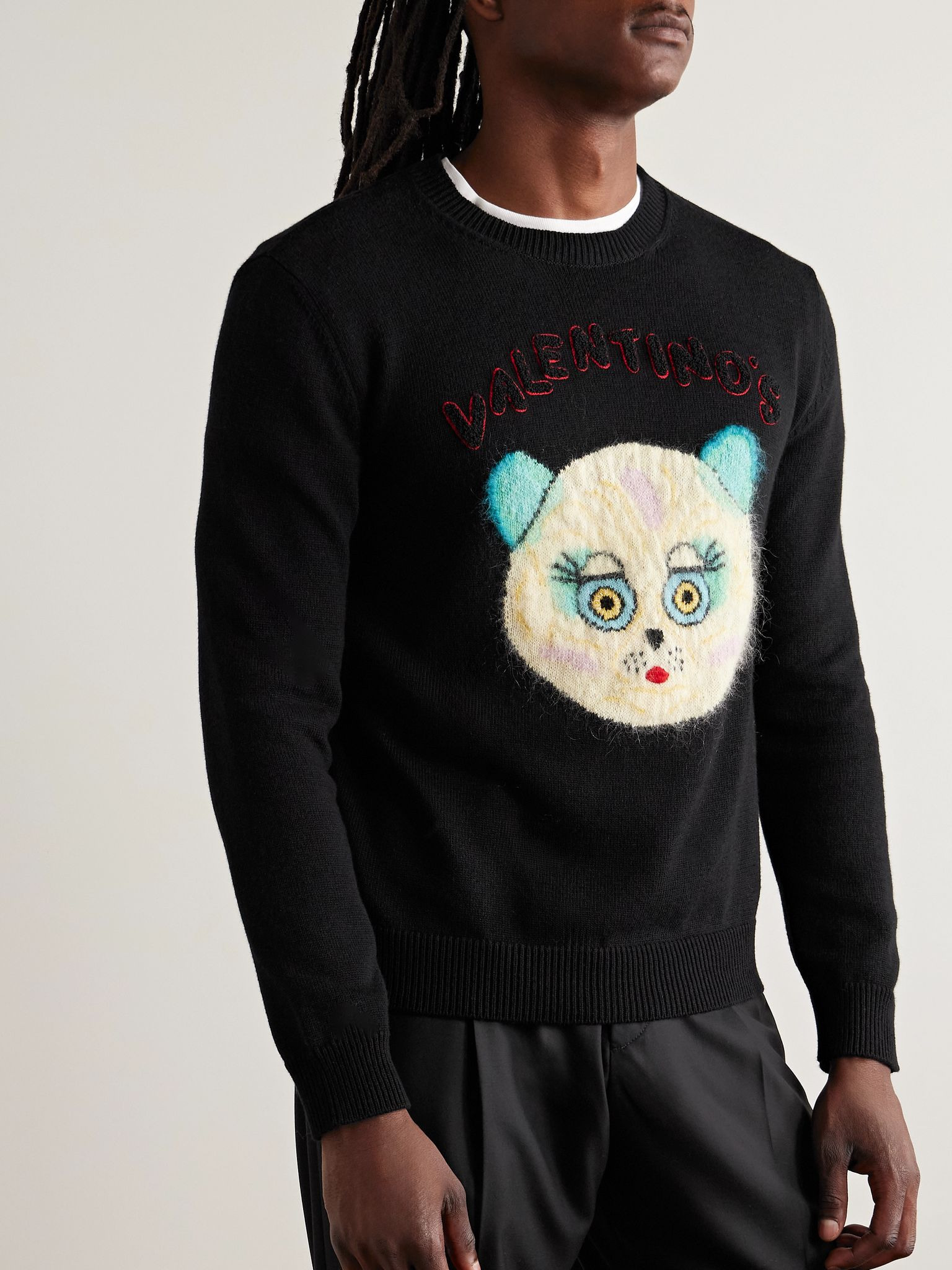 Logo-Appliquéd Intarsia-Knit Cotton and Virgin Wool-Blend Sweater Black - 3