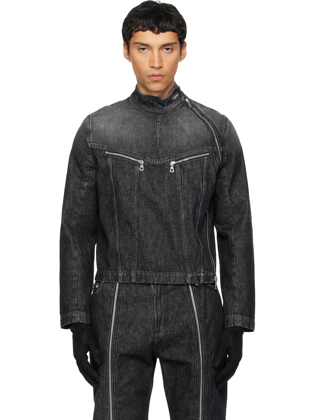Black High Neck Zipped Gloves Denim Jacket - 1