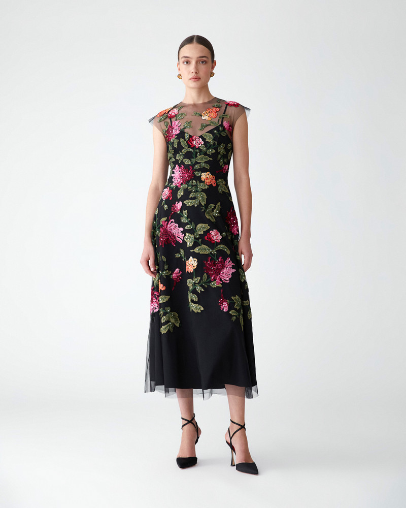 CAROLINA HERRERA Floral-Embroidered Tulle Midi Dress outlook