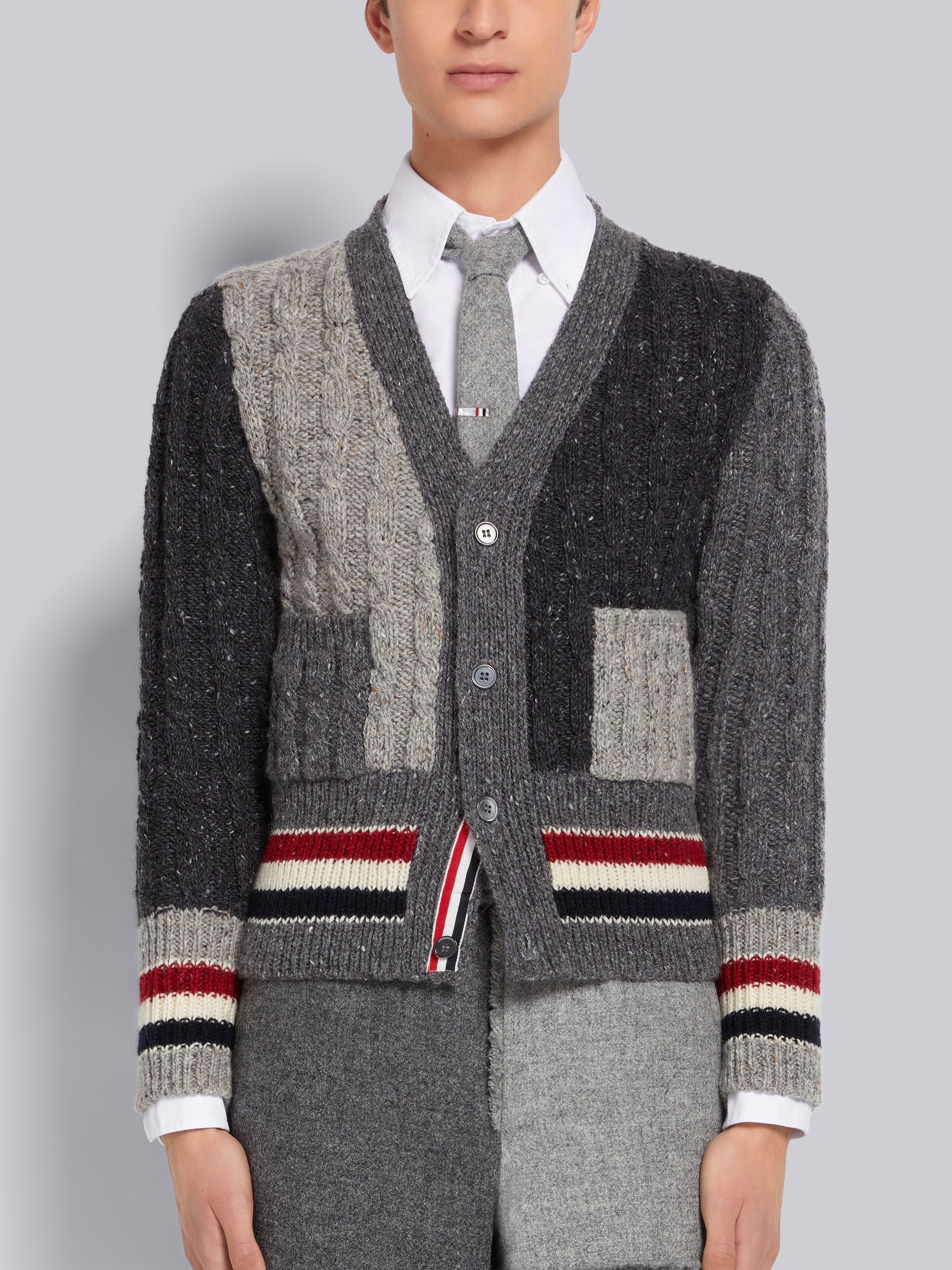 Tonal Grey Fun-Mix Mohair Tweed Stripe Cardigan - 1