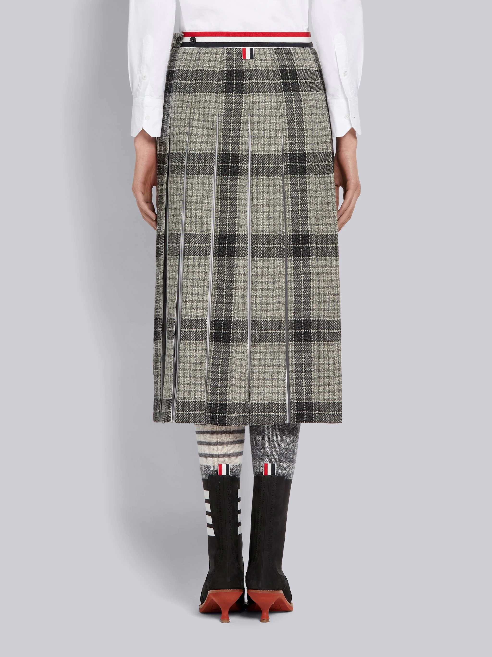 Medium Grey Grid Windowpane Check British Wool Grosgrain Waistband Below-the-Knee Dropped Back Pleat - 3