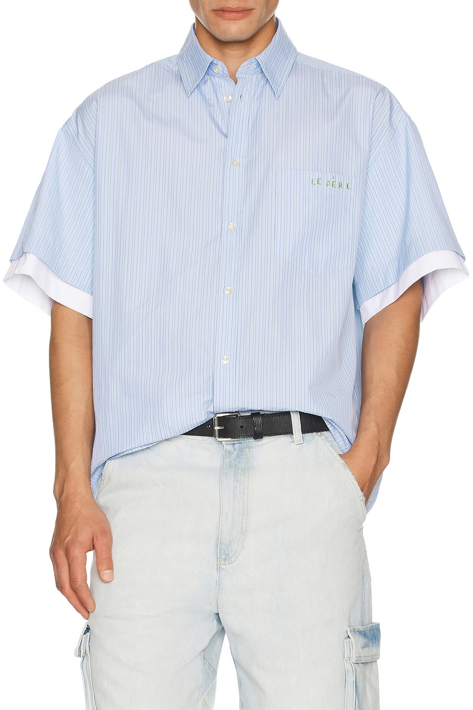 Le Pre Double Short Sleeve Button Down Shirt in Blue - 4