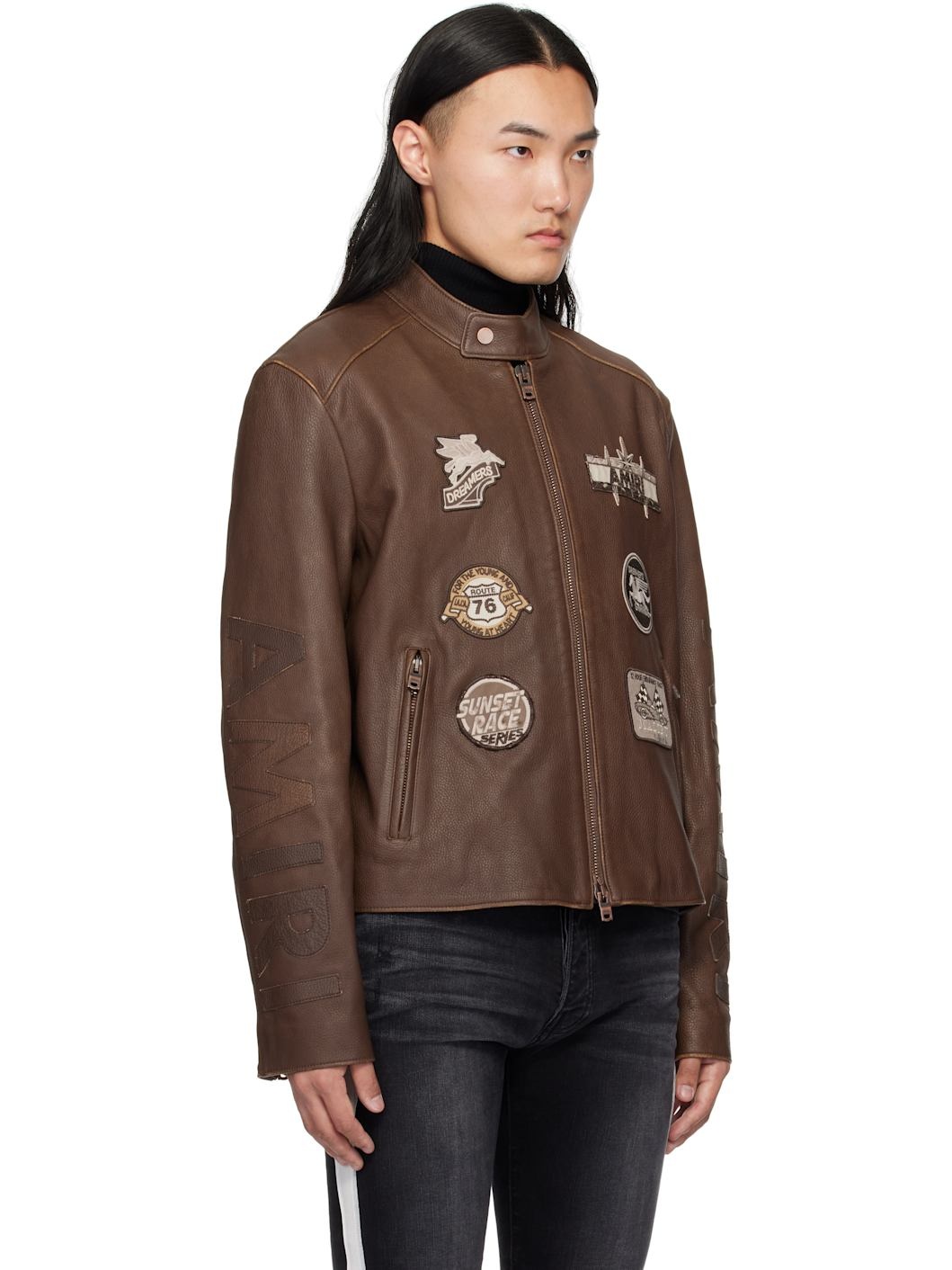 Brown 'AMIRI' Patch Racer Leather Jacket - 2