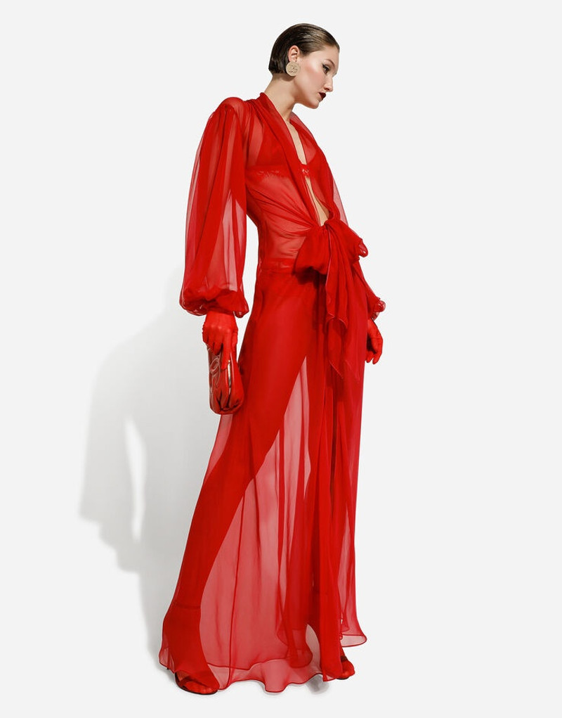 Long silk chiffon dress with bow detail 8