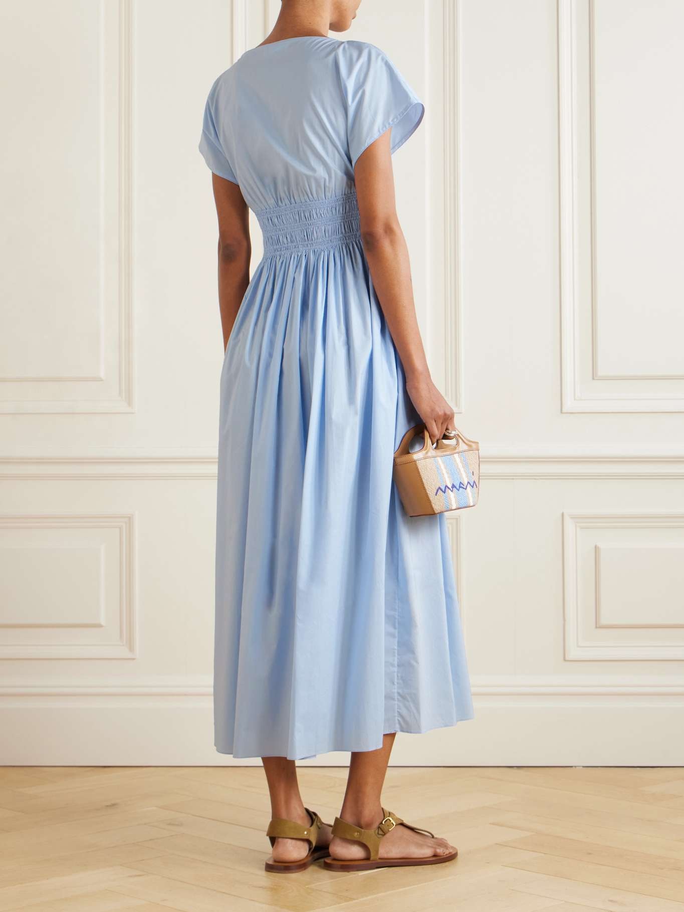 Shirred organic cotton-poplin maxi dress Light blue - 3