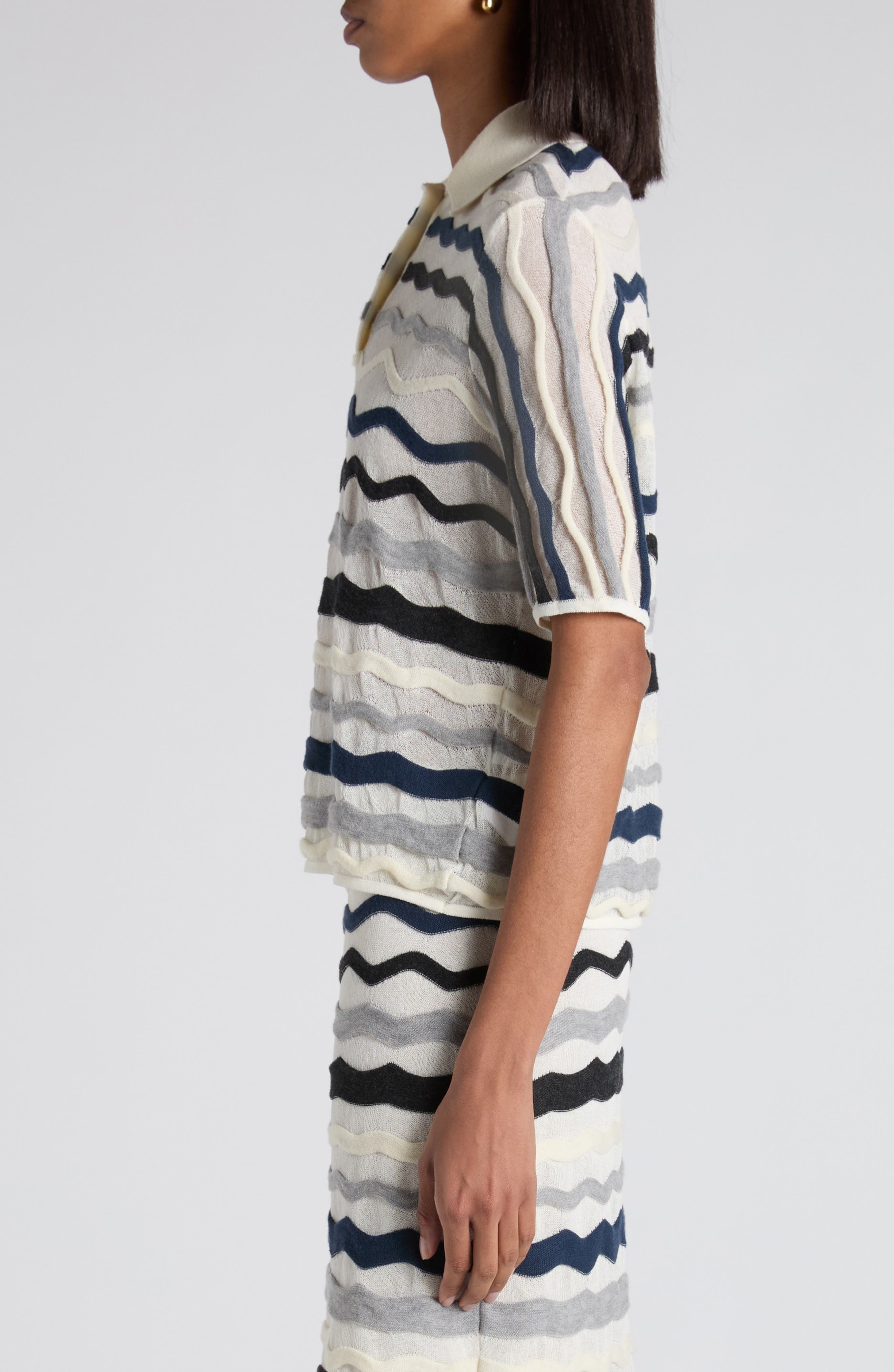 Bottega Veneta Layered Chevron Stripe Wool Blend Polo Sweater in Chalk Wave Grey at Nordstrom - 4