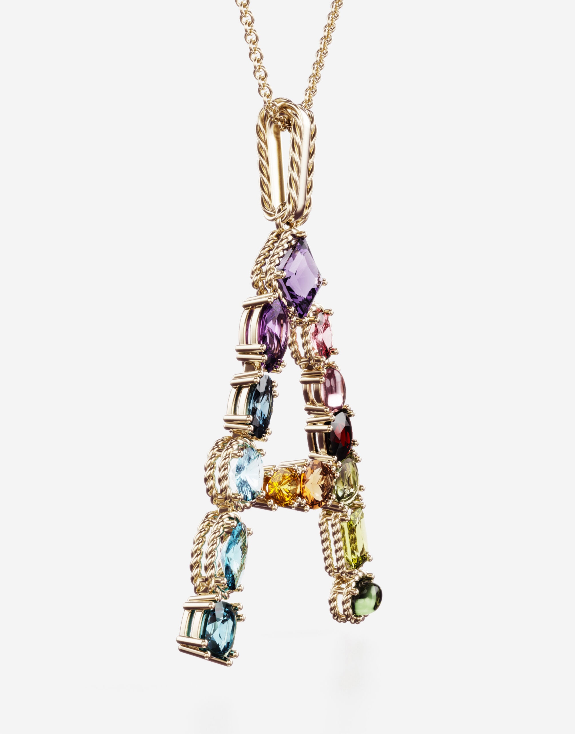 Rainbow alphabet A pendant in yellow gold with multicolor fine gems - 3