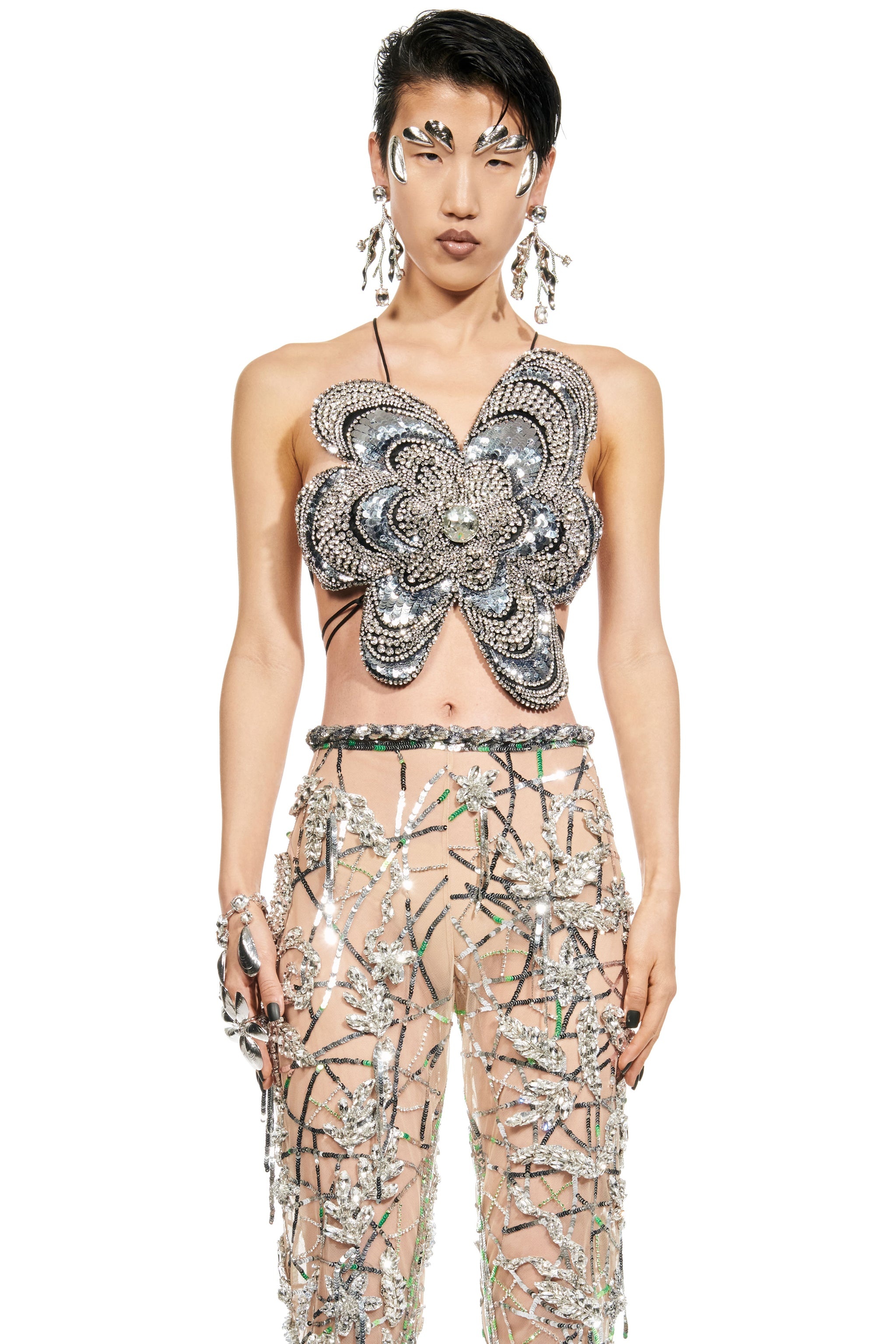 CRYSTAL EMBROIDERED MUSSEL FLOWER TOP - 1