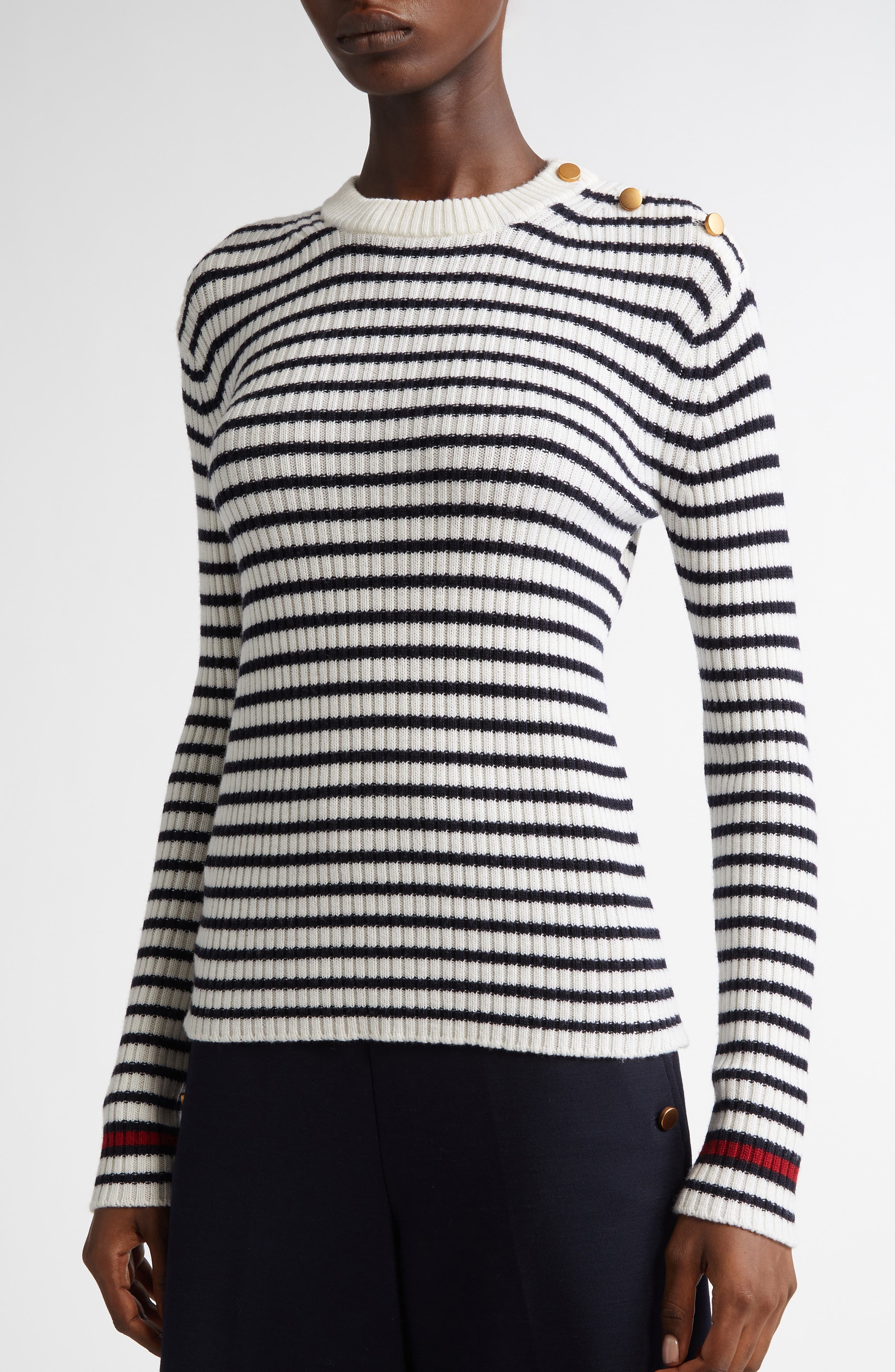 Max Mara Lari Button Detail Stripe Virgin Wool Rib Sweater in White at Nordstrom - 4