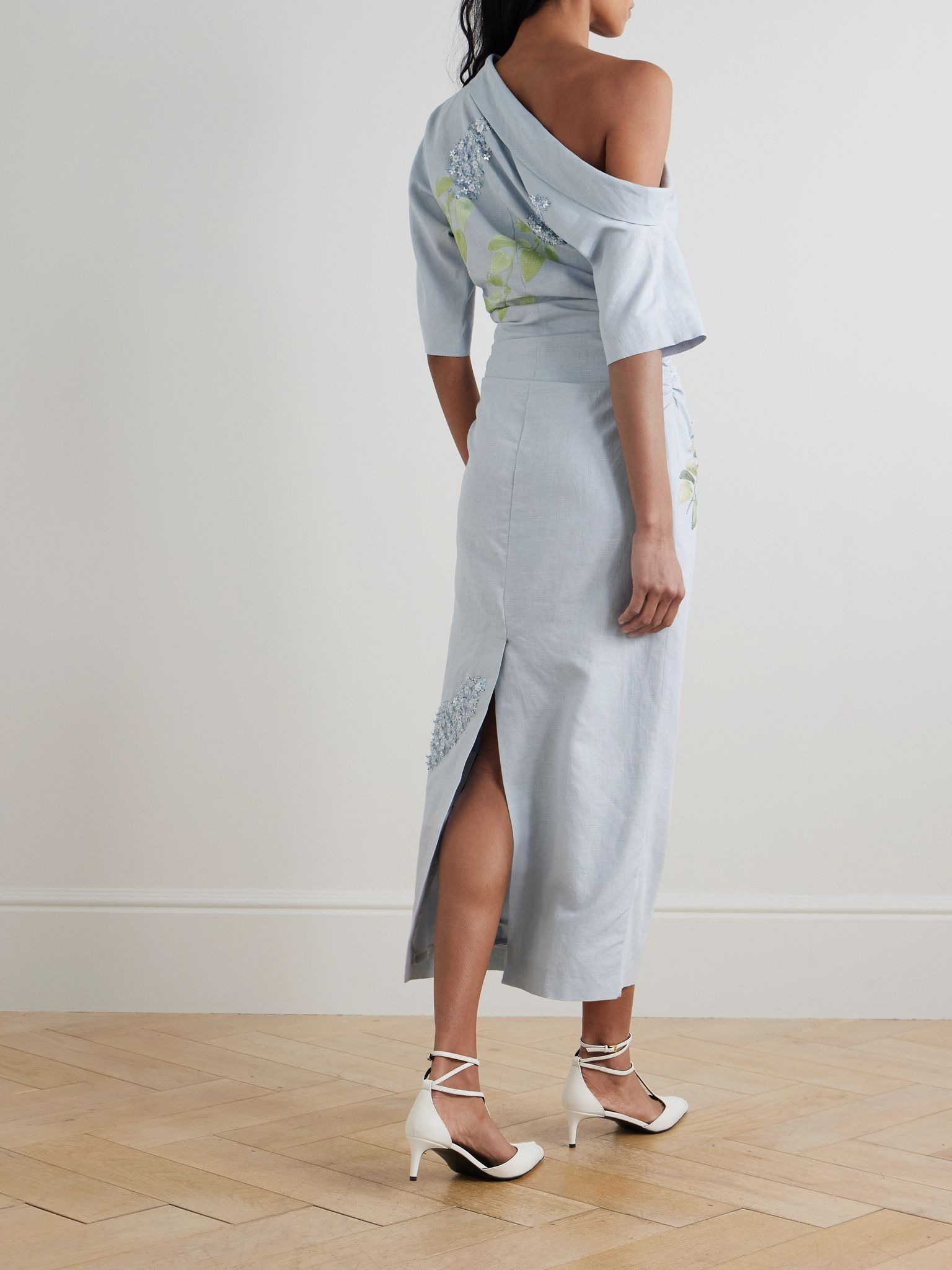 Bowery asymmetric embellished cotton and linen-blend midi dress Blue - 3