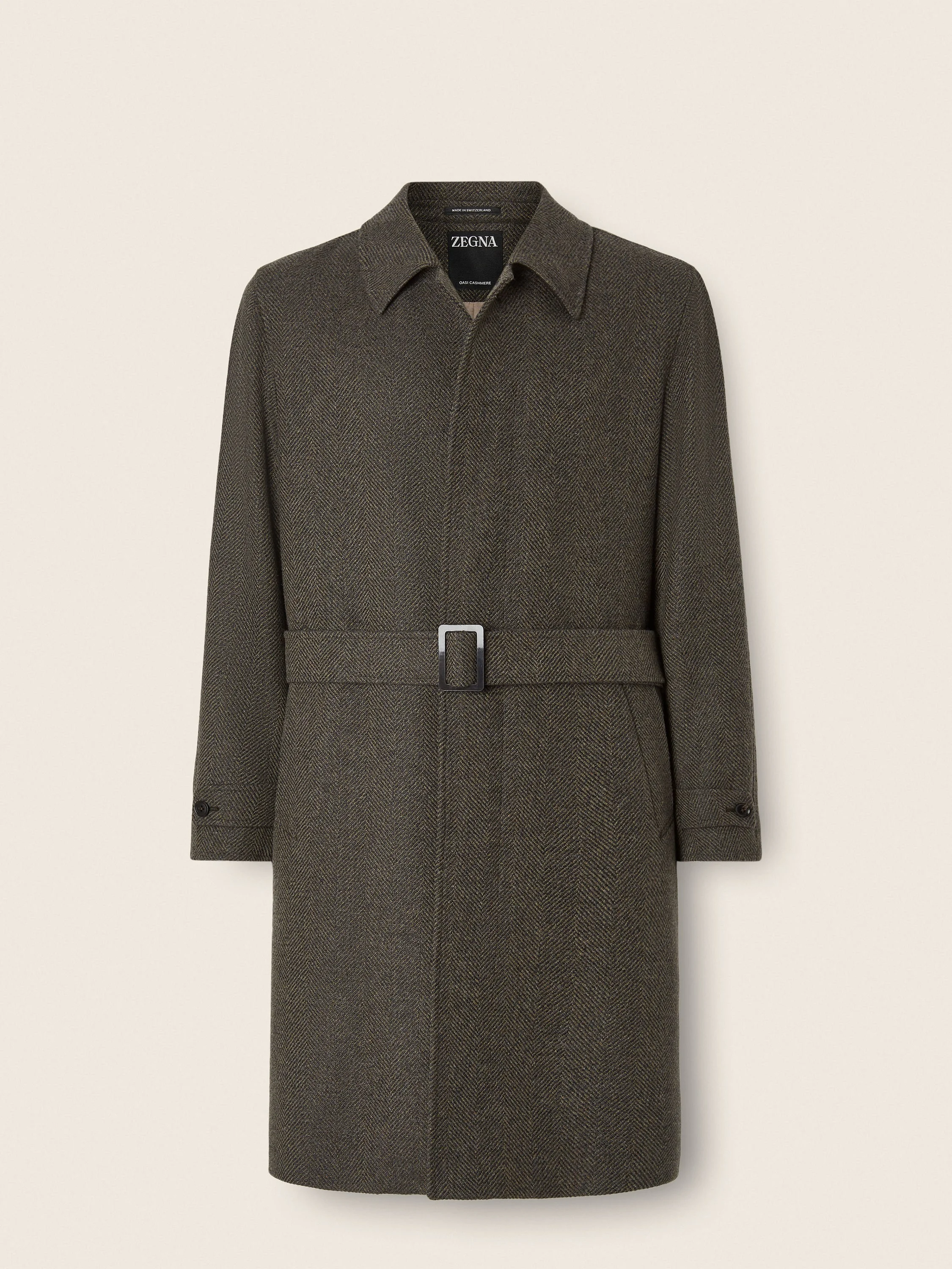 DARK OLIVE GREEN AND DARK GREY OASI CASHMERE TRENCH COAT - 1