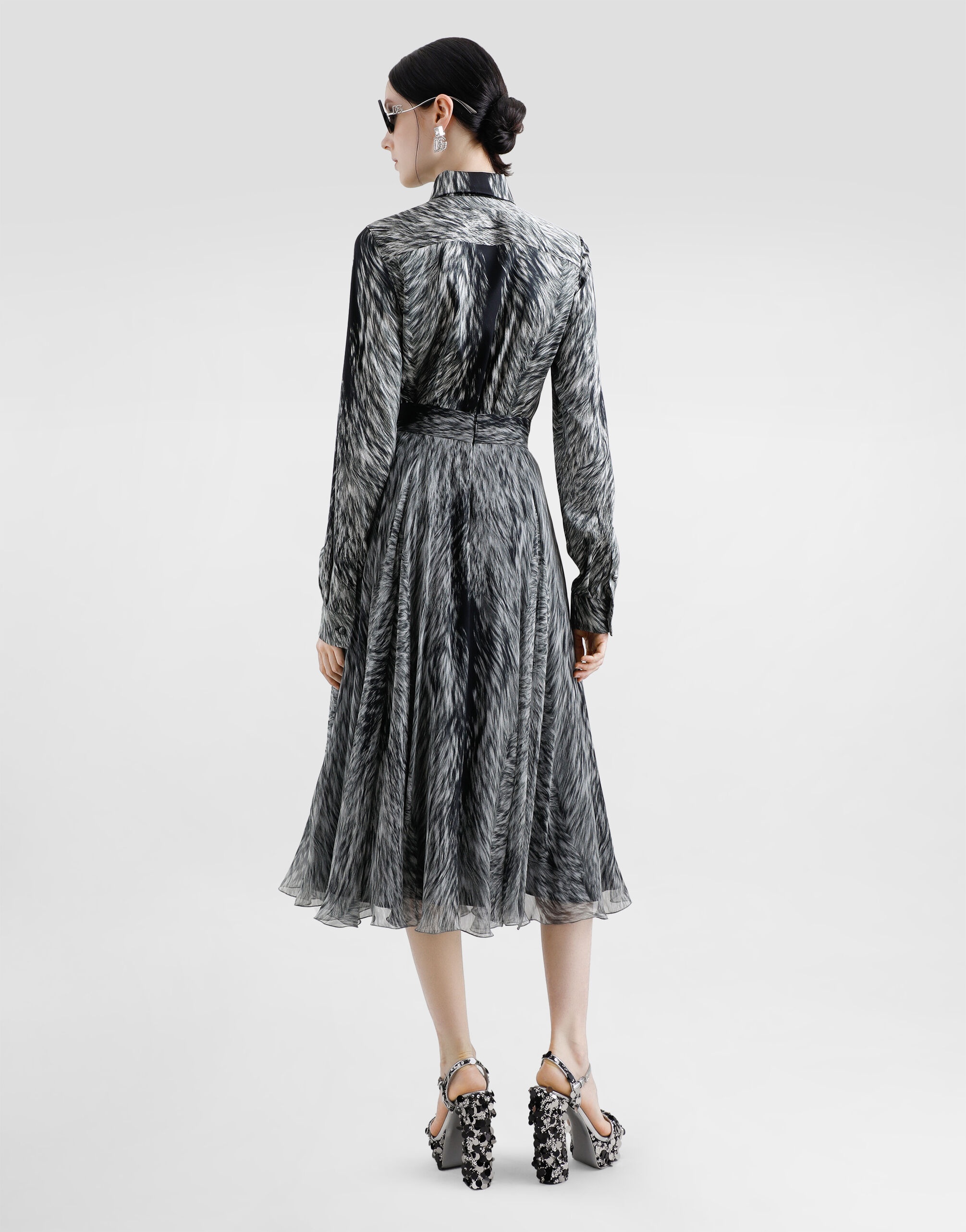 Chiffon calf-length circle skirt with fur print - 3