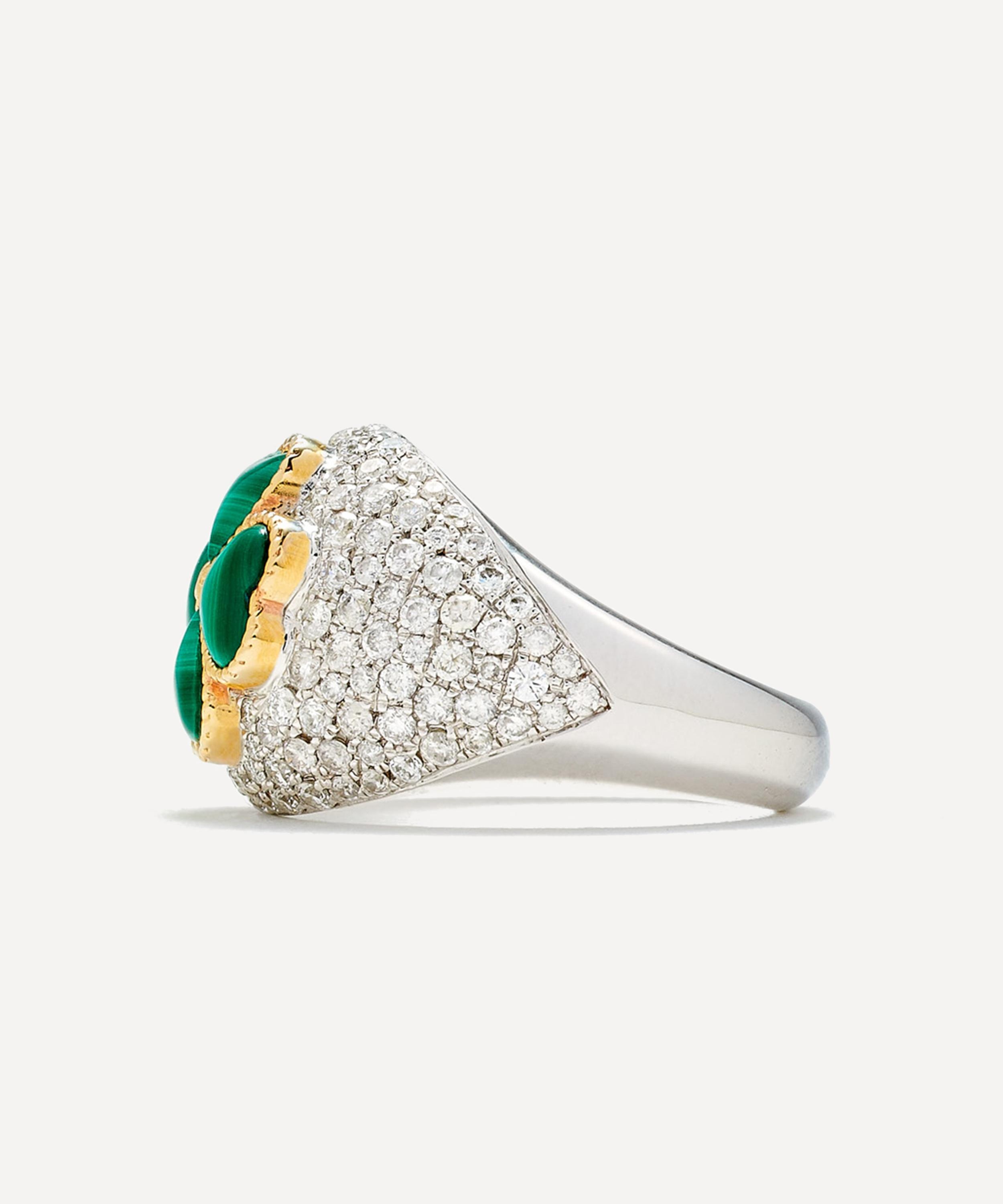 9ct White Gold Clover Malachite Dome Ring - 3