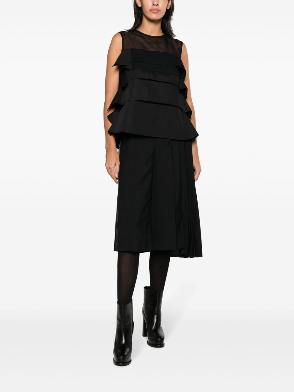 ruffled sheer-yoke sleeveless top - 2