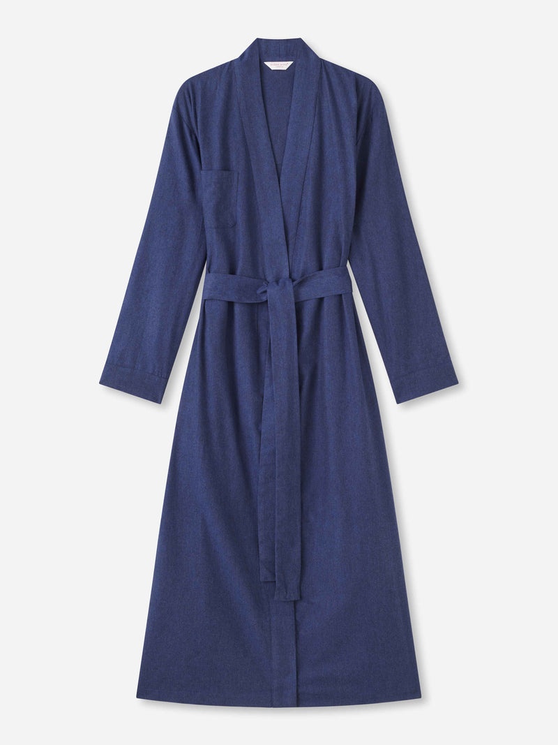 Women's Long Dressing Gown Balmoral 3 Brushed Cotton Navy - 1