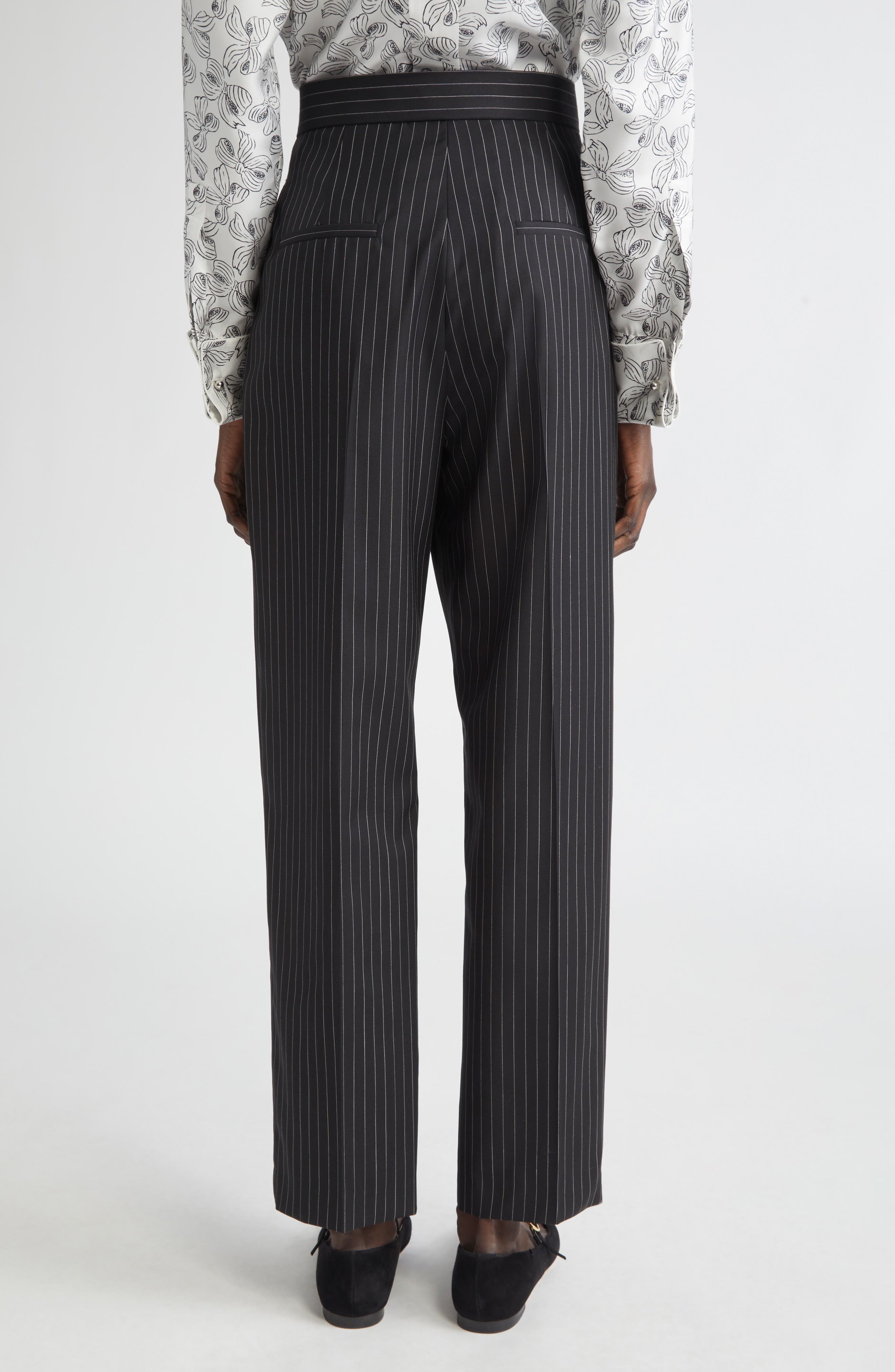Max Mara Sesamo Pinstripe Wool Straight Leg Pants in Black/White at Nordstrom - 3