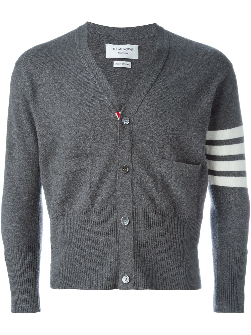 THOM BROWNE - Men Classic Short V Neck Cardigan W/ White 4 Bar Stripe In Cashmere - 5