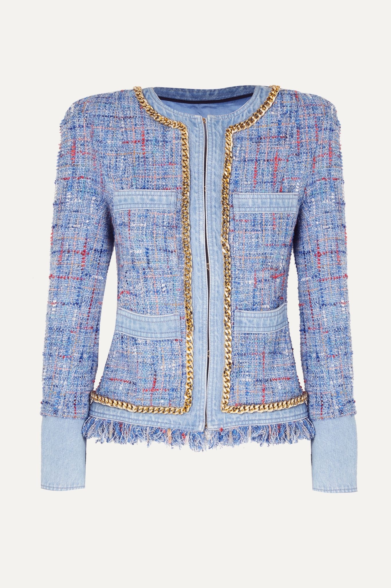 Chain-embellished cotton-tweed and denim blazer - 1