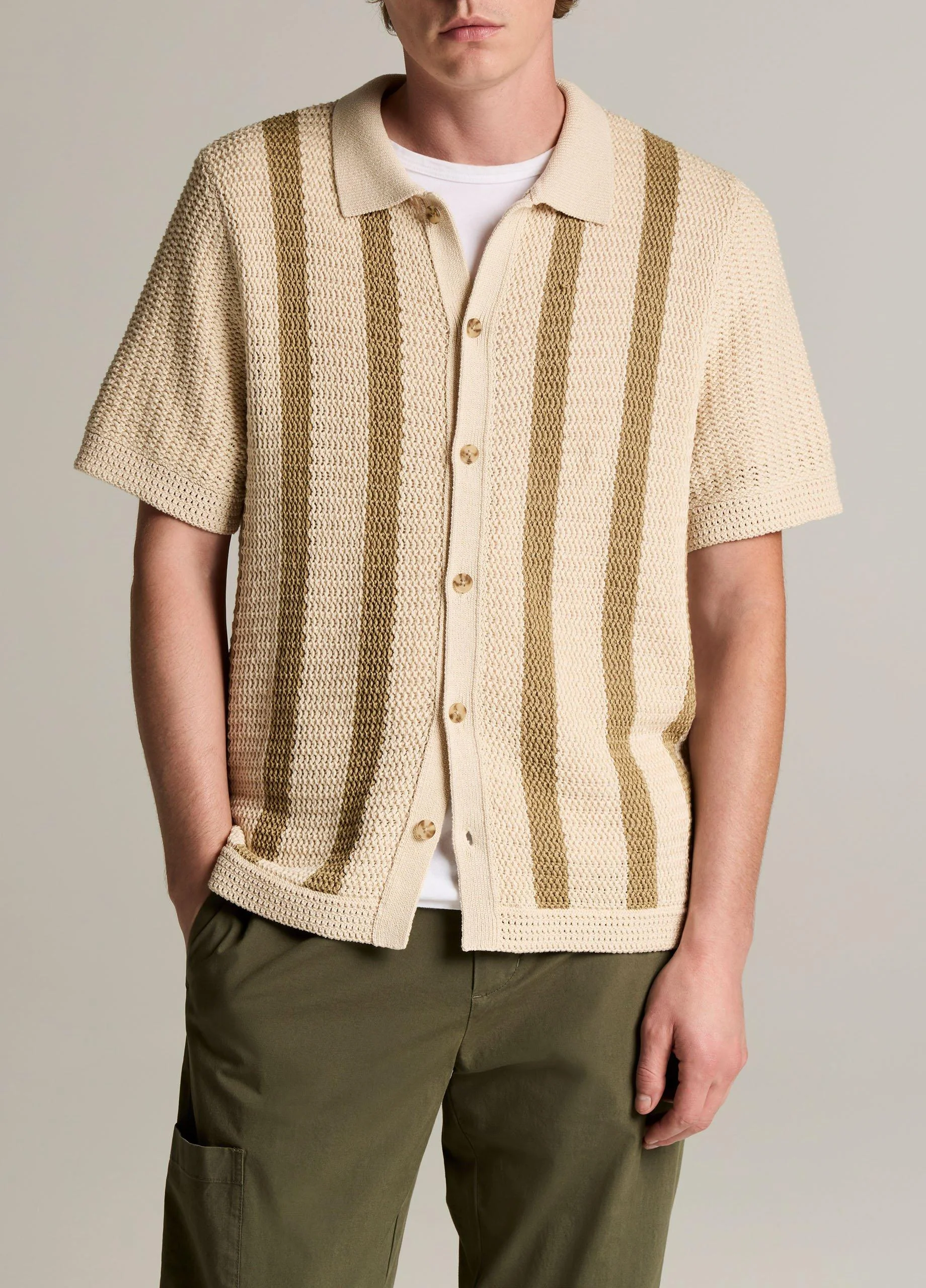 Striped Crochet Cotton Short-Sleeve Button-Front Shirt - 1